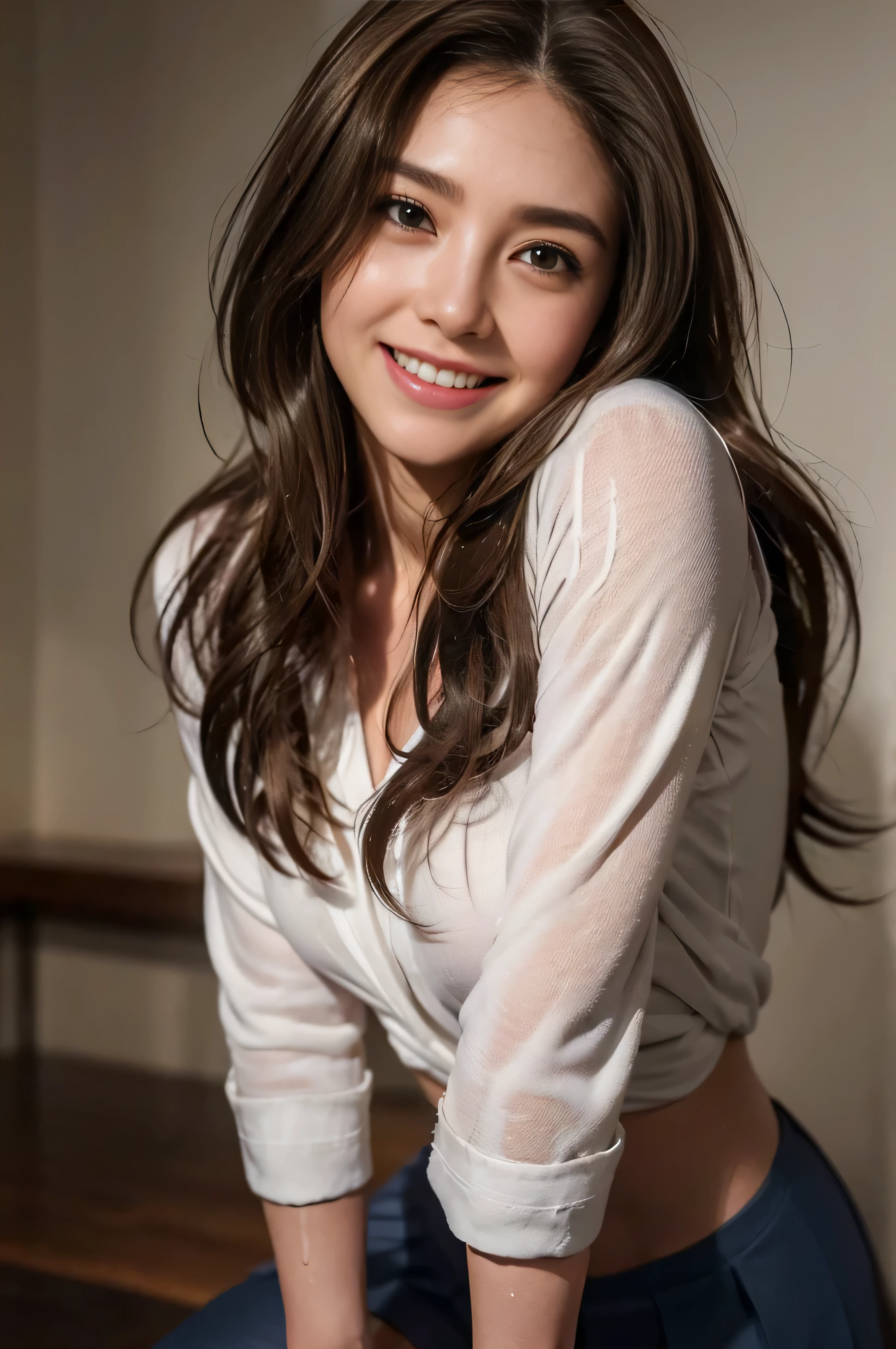 ((beautiful girl:1.3))((uniform:1.4))((panty shot:1.3))((sweaty:1.5))((face flushed:1.4))((medium breasts:1.4))((Close-up:1.2)) highest quality、masterpiece、ultra high resolution、(photorealistic:1.4)、Raw photo、(real skin texture:1.3)、(film grain:1.3)、panorama、character portrait、very wide shot、narrow waist、cowboy shot、(in the dark、deep shadow、moderate、in the cold light、)night、(())、flowing tears、dust、Tyndall effect、(expression),1girl,beautiful detailed eyes and face,white jabot,brown eyes,((brown hair:1.2)) (whole body:1.3)) (smile:1.3))、navy sailor suit、((Super long brown hair:1.2))、((Hair with loose waves inside:1.2)),
