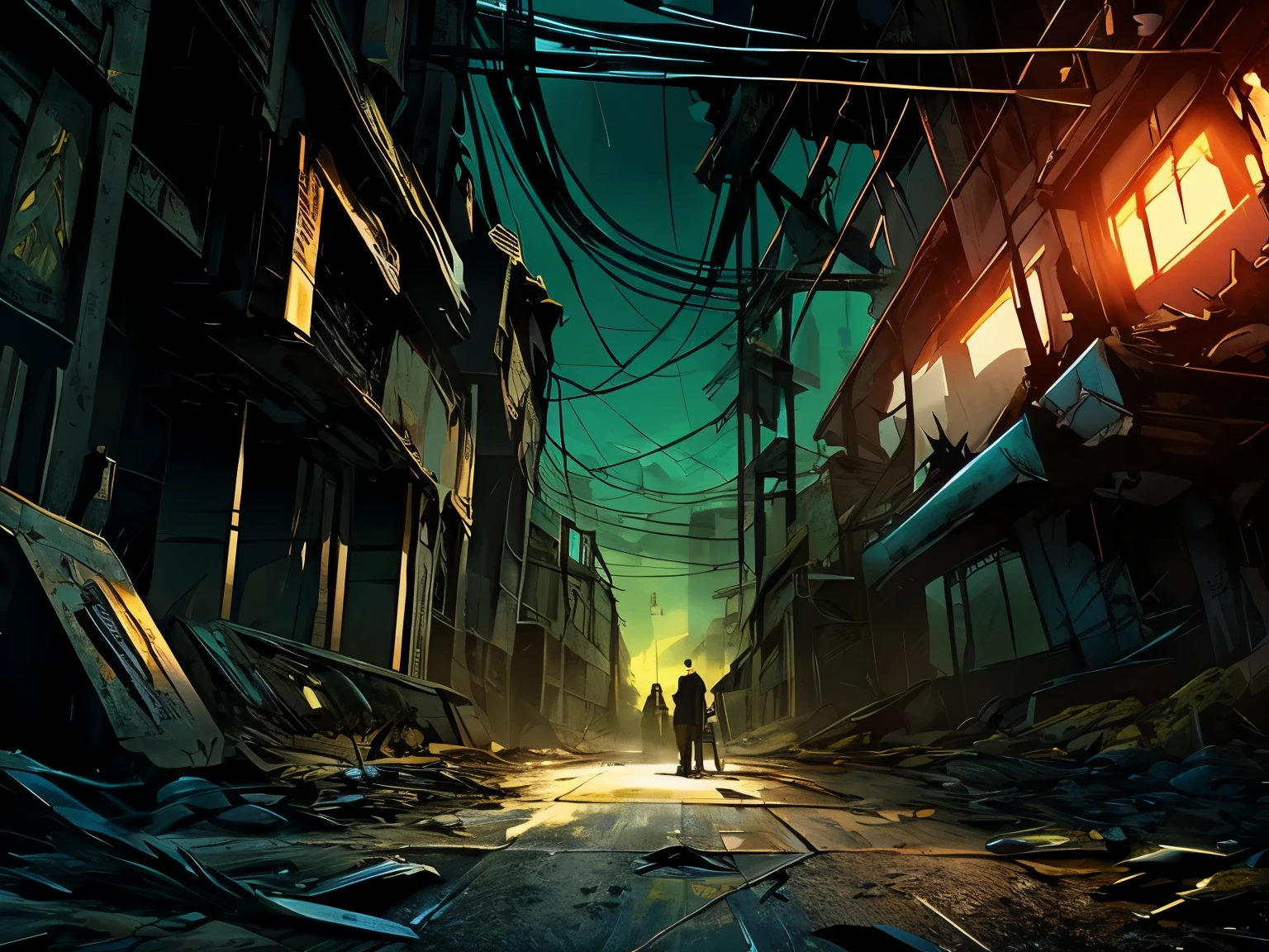 (super detailed), (masterpiece), (highest quality), (very detailed CG ユニット 8k 壁紙), a man in hazmat gas mask suit exploring abandoned city, follow the path, Contaminated, abandoned, (green sky), ignored, dawn, concept art, (small growths of small shiny fungi, roots, spore, Contaminated air), (greenish sky), dark, after the apocalypse, cinematic, very detailed, stylized wallpaper