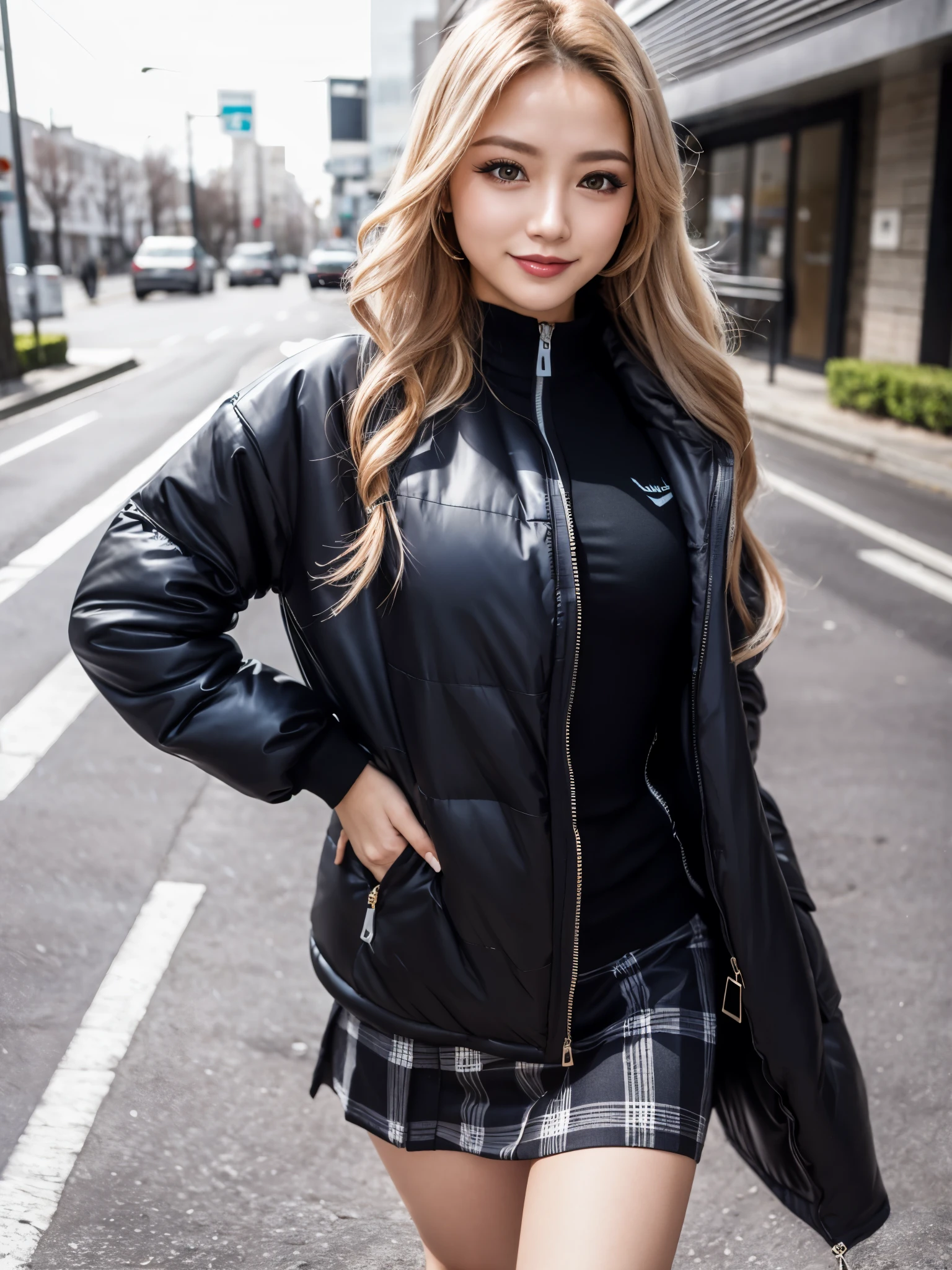 (Raw photo,realisitic, Photorealsitic: 1.4, masterpiece, best quality), 8K, 1 Beautiful Japanese gal, solo, 20years old, Charming Smile, Pretty Medium breasts, Beautiful detailed round eyes, Drooping Eyes1.4, Long blonde hair, wavy hair, (Highly Detailed Face and Skin Texture), dark skin, ndge, tanktop, down jacket, down coat, short skirt, street, day, sunny day, cowboy shot, (looking at viewer:1.4)