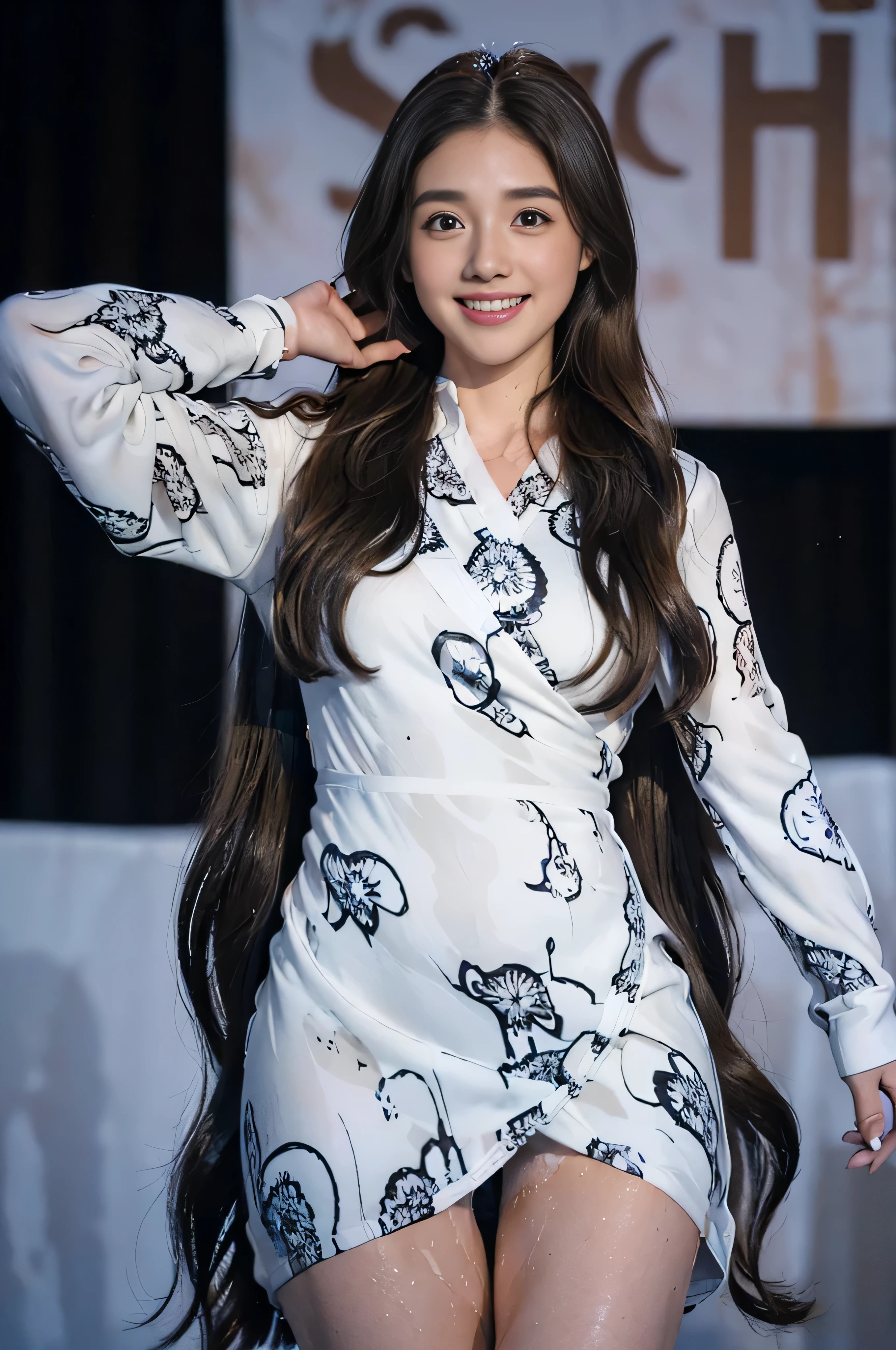 ((beautiful girl:1.3))((uniform:1.4))((panty shot:1.3))((sweaty:1.5))((face flushed:1.4))((medium breasts:1.4))((Close-up:1.2)) highest quality、masterpiece、ultra high resolution、(photorealistic:1.4)、Raw photo、(real skin texture:1.3)、(film grain:1.3)、panorama、character portrait、very wide shot、narrow waist、cowboy shot、(in the dark、deep shadow、moderate、in the cold light、)night、(())、flowing tears、dust、Tyndall effect、(expression),1girl,beautiful detailed eyes and face,white jabot,brown eyes,((brown hair:1.2)) (whole body:1.3)) (smile:1.3))、(((monochrome abstract print dress_long sleeve_wrap dress:1.3)))、((Super long brown hair:1.2))、((Hair with loose waves inside:1.2)),on stage、singer、Sing in front of a stand microphone、singing