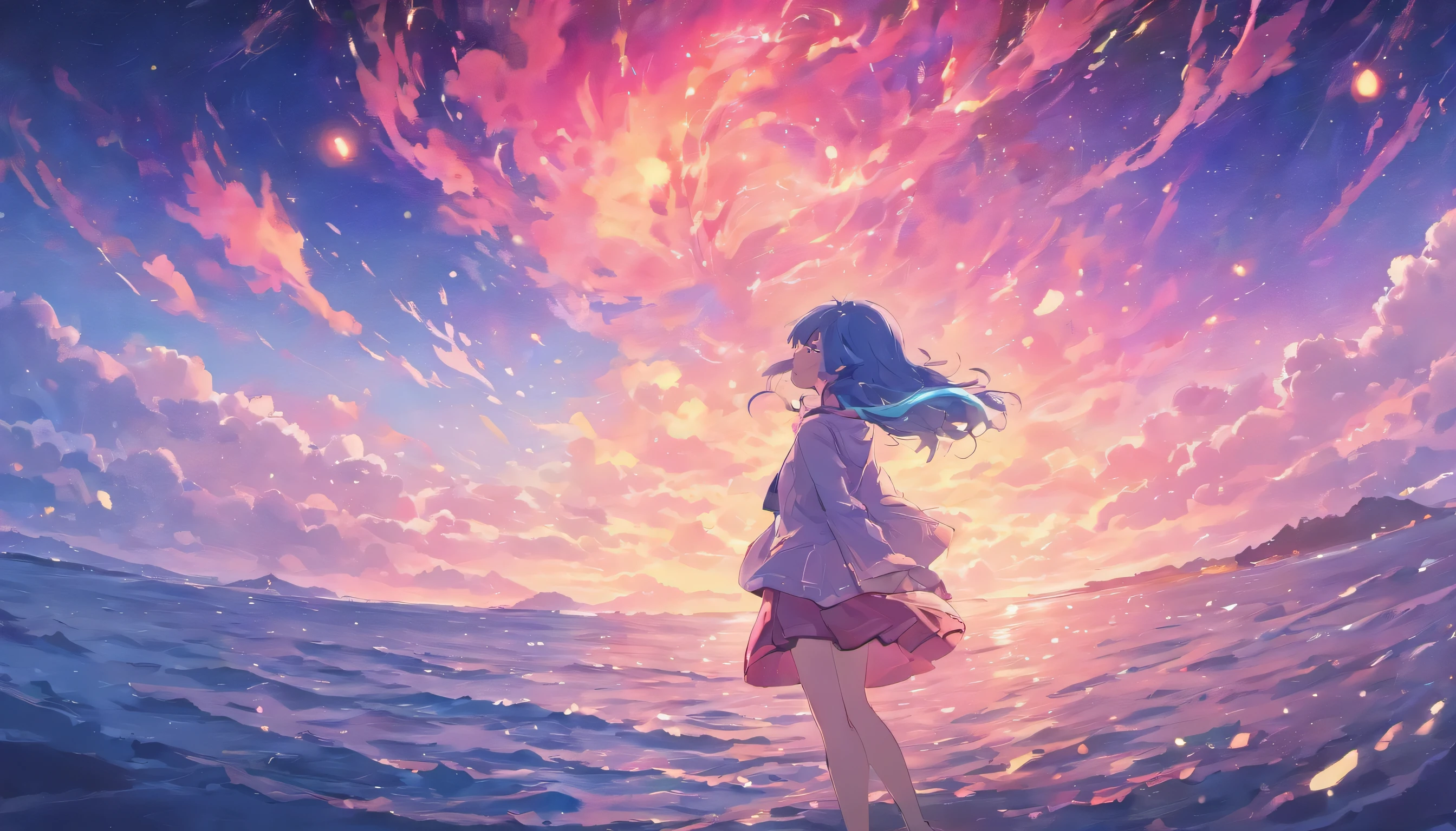 comum,Colorful ocean currents,starry sky,meteoros,Looking up at the sky in pastel shades of pink and blue
