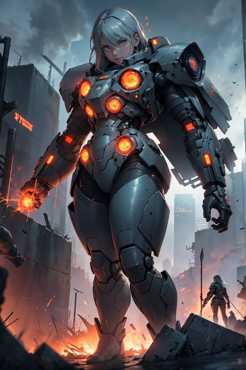 a girl fighting against massive metallic giants,battlefield,surrounded by destruction,towering machines,fiery explosions,dramatic and intense,metallic clangs and roars,high-tech weaponry,her determined expression,rebellious spirit,strong and agile movements,rain pouring down,electric sparks flying,showdown with colossal robot warriors,destructive power unleashed,dystopian future,struggling for survival,post-apocalyptic wasteland,city ruins and rubble,desperate fight for humanity's freedom,desolated landscapes,blood-pumping adrenaline,explosive action sequences,high-octane energy,futuristic cyberpunk atmosphere,neon lights illuminating the darkness,the last hope for mankind,breathtaking and epic battle scenes(best quality,4k,8k,highres,masterpiece:1.2),ultra-detailed,realistic:1.37,HDR,UHD,studio lighting,vivid colors
