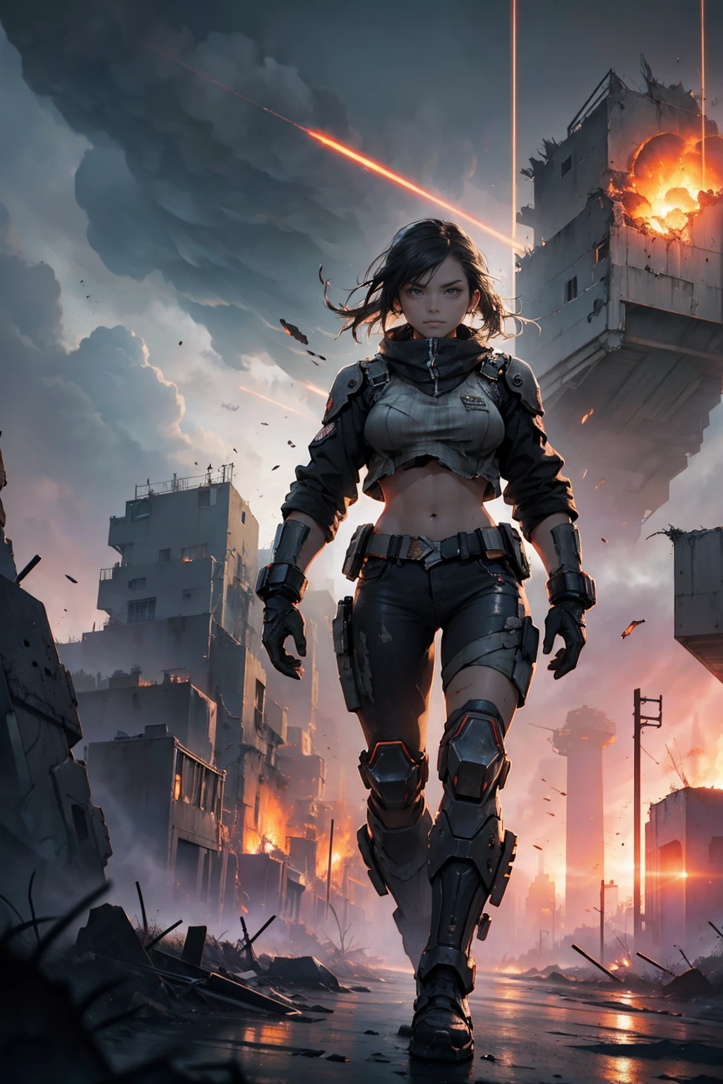 a girl fighting against massive metallic giants,battlefield,surrounded by destruction,towering machines,fiery explosions,dramatic and intense,metallic clangs and roars,high-tech weaponry,her determined expression,rebellious spirit,strong and agile movements,rain pouring down,electric sparks flying,showdown with colossal robot warriors,destructive power unleashed,dystopian future,struggling for survival,post-apocalyptic wasteland,city ruins and rubble,desperate fight for humanity's freedom,desolated landscapes,blood-pumping adrenaline,explosive action sequences,high-octane energy,futuristic cyberpunk atmosphere,neon lights illuminating the darkness,the last hope for mankind,breathtaking and epic battle scenes(best quality,4k,8k,highres,masterpiece:1.2),ultra-detailed,realistic:1.37,HDR,UHD,studio lighting,vivid colors