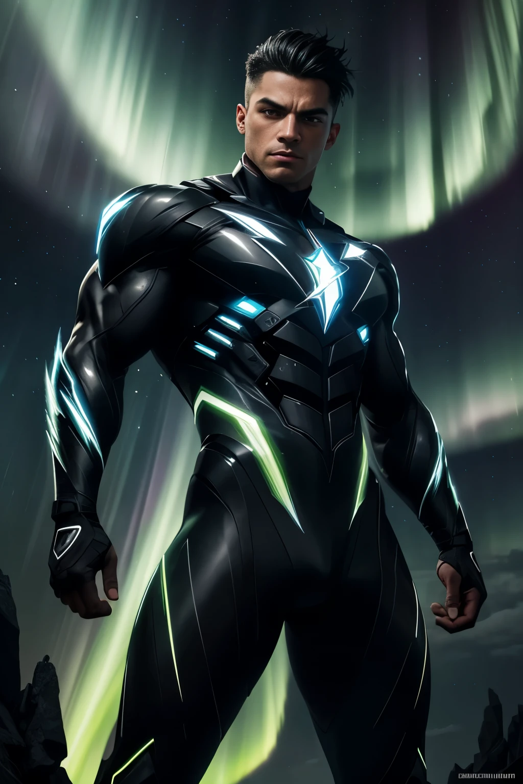 An awe-inspiring full shot of Gatotkaca's assembled pose, bathed in the ethereal glow of a black lightning aurora that illuminates the eerie background in high contrast. The figure, exuding an immense sense of power, showcases the intricate details of Gatotkaca's muscular physique. His fierce eyes, framed by the dark, brooding surroundings, radiate intensity. The aurora's dynamic bolts dance around his form, adding an electrifying allure to the image. Seamlessly blending the surreal and realistic, this breathtaking masterpiece captivates the imagination with its sharp focus, hyper-detailed lines