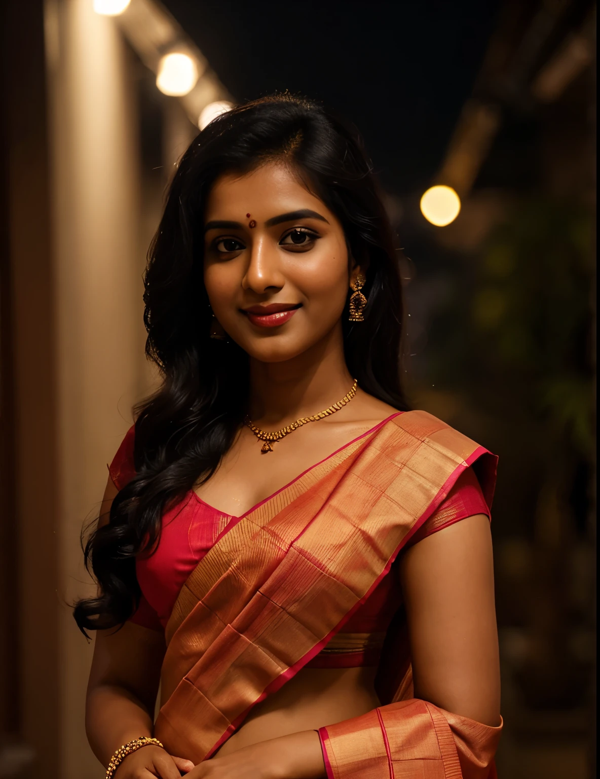 hires headshot photo of 30-year-old, Tamil girl, ultra sharp, looking straight at camera, dynamic pose, smiling, (cotton_saree_blouse:1.2), round deep navel, realistic skin texture, night time, bokeh lights, film grain, hyper realistic, 