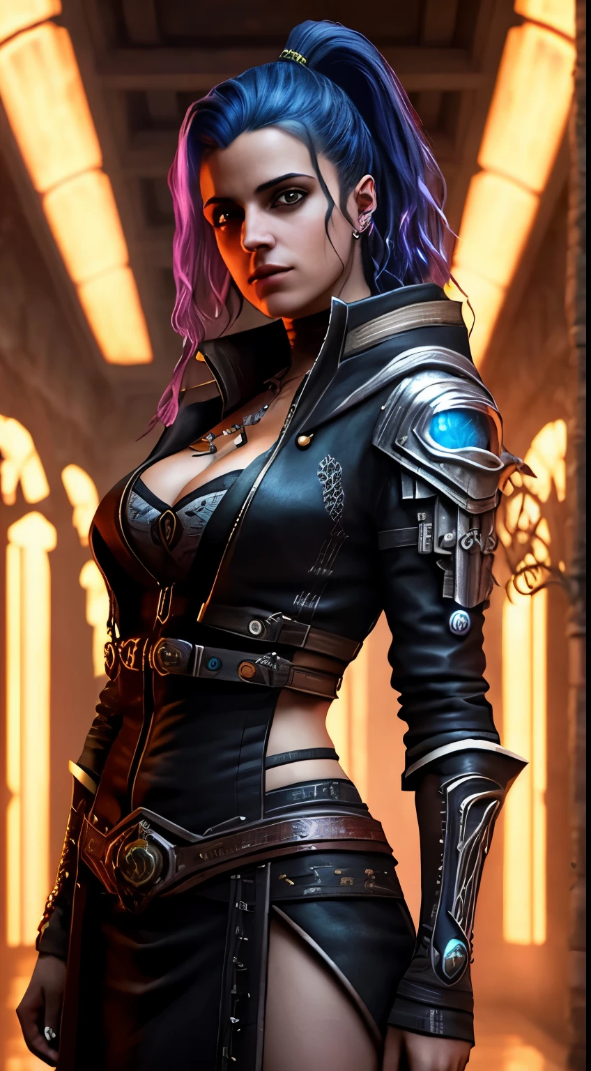 Uma mulher cyberpunk da Espanha como personagem de Hogwarts,obra de arte, melhor qualidade, fotorrealista, Cinematic lighting, atmosfera escura, volumetric lighting,