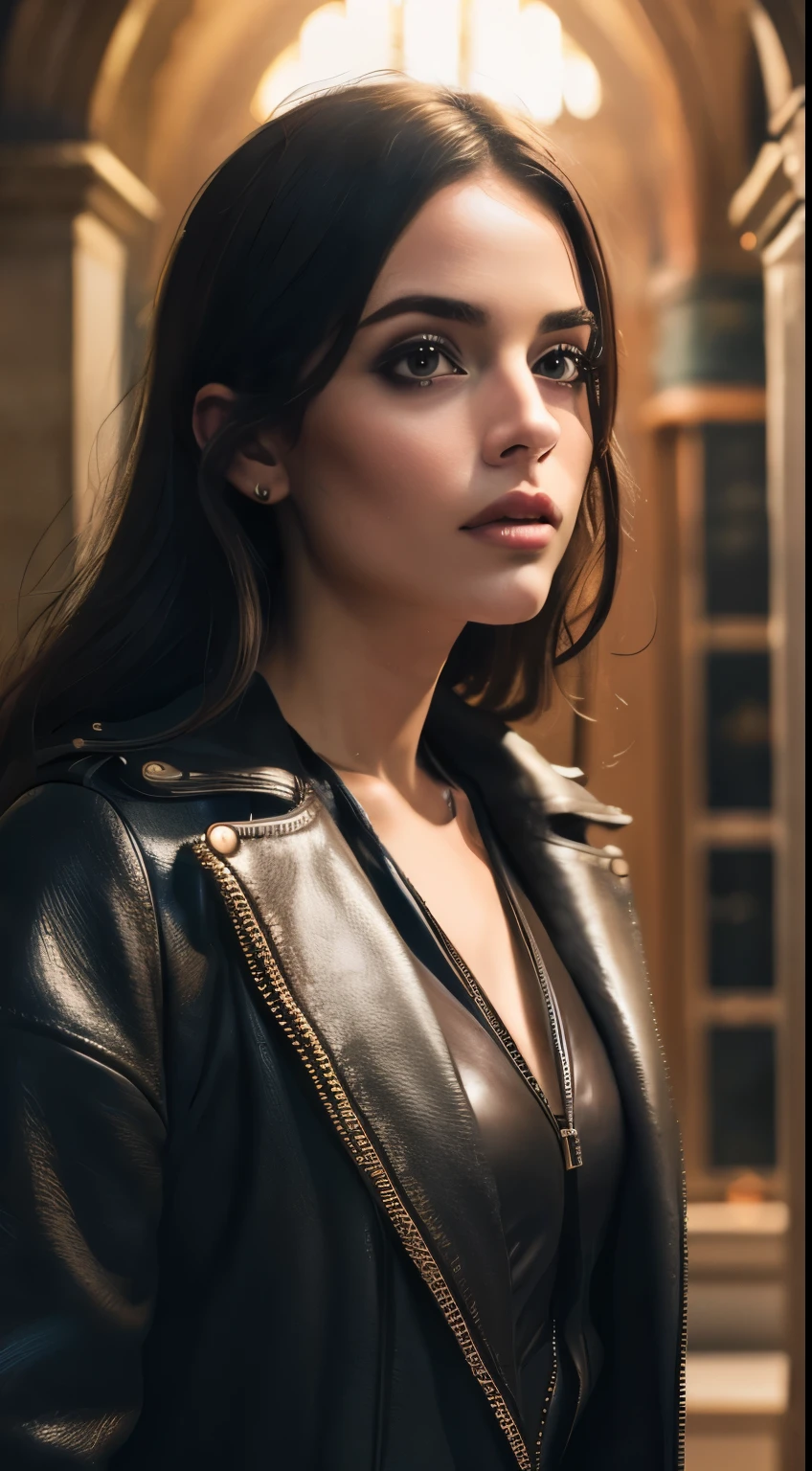 Uma mulher cyberpunk da Espanha como personagem de Hogwarts,obra de arte, melhor qualidade, fotorrealista, Cinematic lighting, atmosfera escura, volumetric lighting,