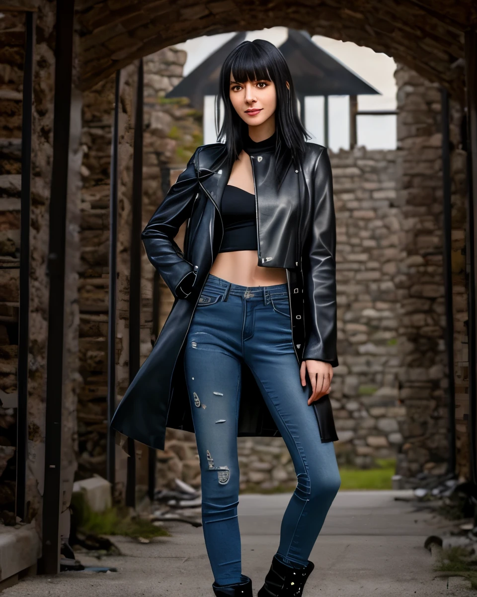 realistic photo. High, skinny ((Young woman)), 30 years, black wavy hair, short side bangs haircut, straight nose, The lips are thin, The eyes are black, nice smile, looks at the camera, The chest is flat, long leather coat with metal studs, white top, blue jeans, black high boots on feet , The weather is cloudy, Mountainous terrain, Ruin, fire, post apocalypse style "Crazy Max". stands against the backdrop of an ancient castle