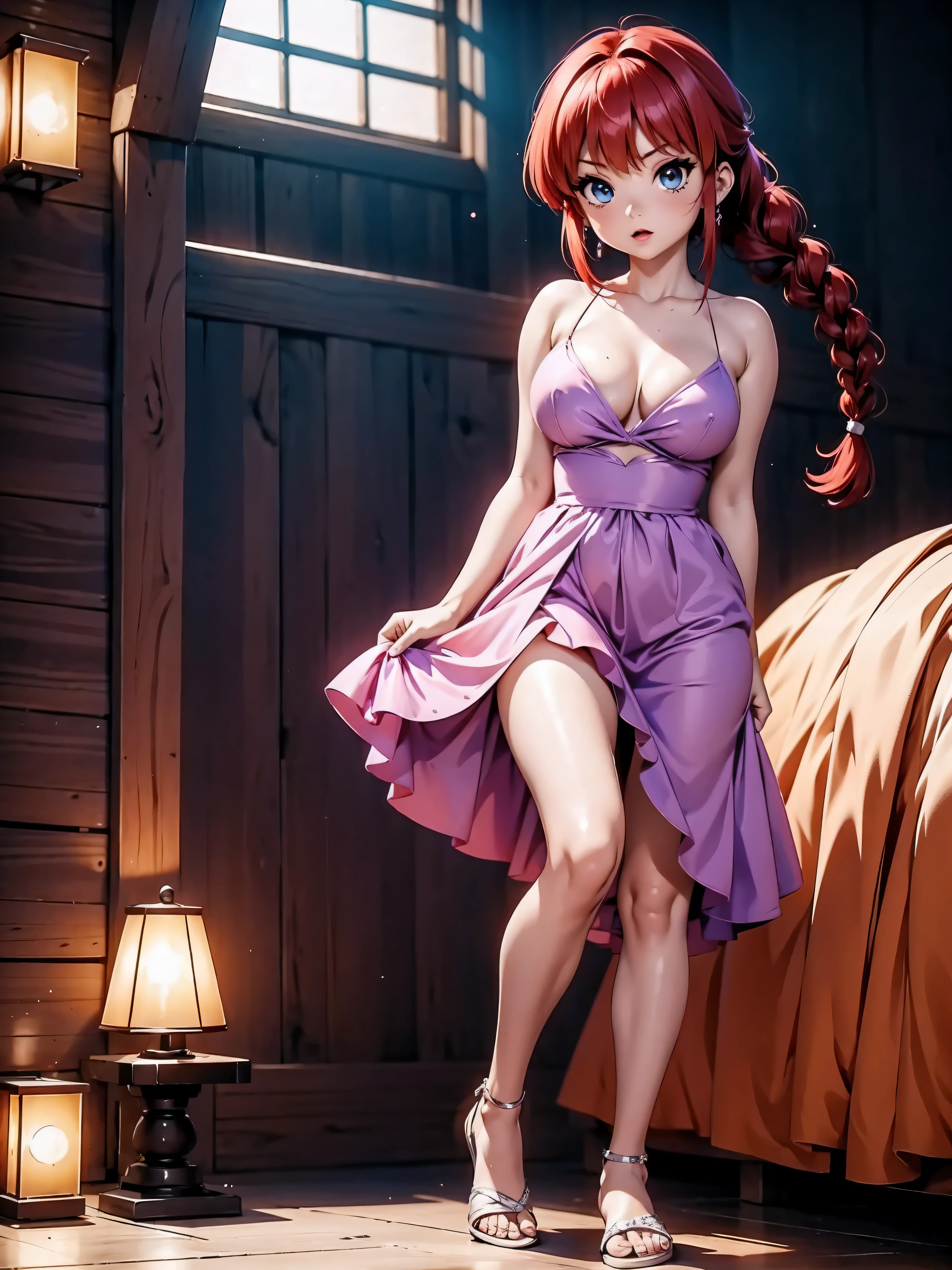Garota anime ruiva com vestido de casamento purple longo, , corpo bonito, seios grandes, with your hands behind your head, running your hands through your hair, garota sexy, red hair with braid, gorgeous lighting, sombras suaves, olhos azuis, pernas bonitas, hair with braid, estilo anime, Ranma Chan, Autora Rumiko Takahashi, Baseado em obra de Rumiko Takahashi, Anime Ranma 1/ 2, decote sexy, quadril robusto, corpo inteiro, corpo completo, busto grande, garota jovem com corpo belo e bonito, sandals on the feet, garota 16 anosbaixa estatura, vestido casamento purple comprido lindo, garota anime, estilo anime
