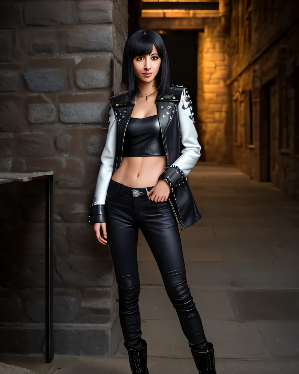 realistic photo. High, skinny ((Young woman)), 30 years, black wavy hair, short side bangs haircut, straight nose, The lips are thin, The eyes are black, nice smile, looks at the camera, The chest is flat, long leather coat with metal studs, white top, blue jeans, black high boots on feet , The weather is cloudy, Mountainous terrain, Ruin, fire, post apocalypse style "Crazy Max". stands against the backdrop of an ancient castle