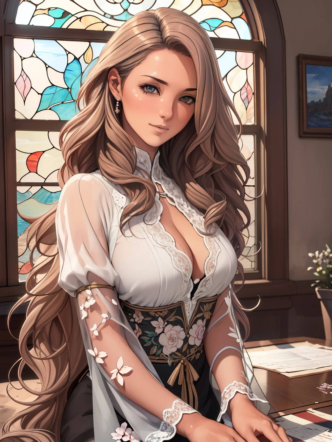 (best quality,4k,8k,highres,masterpiece:1.2),ultra-detailed,(realistic,photorealistic,photo-realistic:1.37),enjoying the tide,swaying,split-colored hair,wind,fluttering petals,stained glass window,for admiration,complex details,eclectic,2D,line drawing,watercolor,ink watercolor,randomly colored hair,super long hair,wavy,1 girl,antique,flowers,old