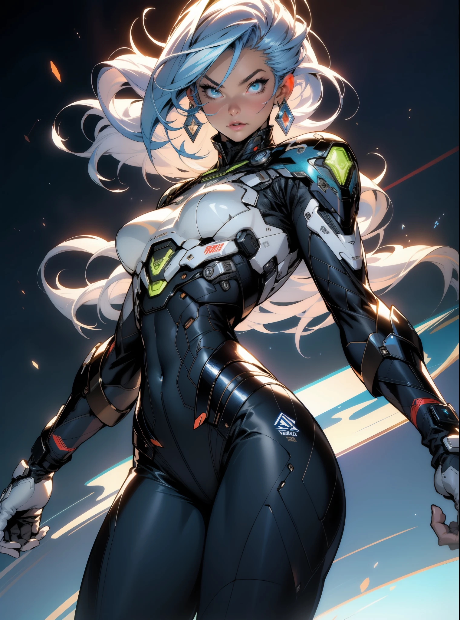 (((adult woman))), ((Best quality)), ((masterpiece)), (detailed: 1.4), (Absurd), warrior muscular adult woman of 35 years with micro thong in the style of Simon Bisley, perfect body, bare thighs, neckline, large breasts, blue 2-piece clothing, almost naked, long white hair, tattoo on the arms, cybernetic hand, pastel, centered, scale to fit the dimensions, HDR (High Dynamic Range), Ray Tracing,NVIDIA RTX,Super-Resolution,Unreal 5,Subsurface Dispersion, PBR Texture, Post-processing, Anisotropic Filtering, Depth of field, Maximum clarity and sharpness, Multilayer textures, Albedo and specular maps, Surface shading, Accurate simulation of light-material interaction, Perfect proportions, Octane Render, Two-tone lighting, Wide aperture, Low ISO, White balance, Rule of thirds, 8K RAW, background space.