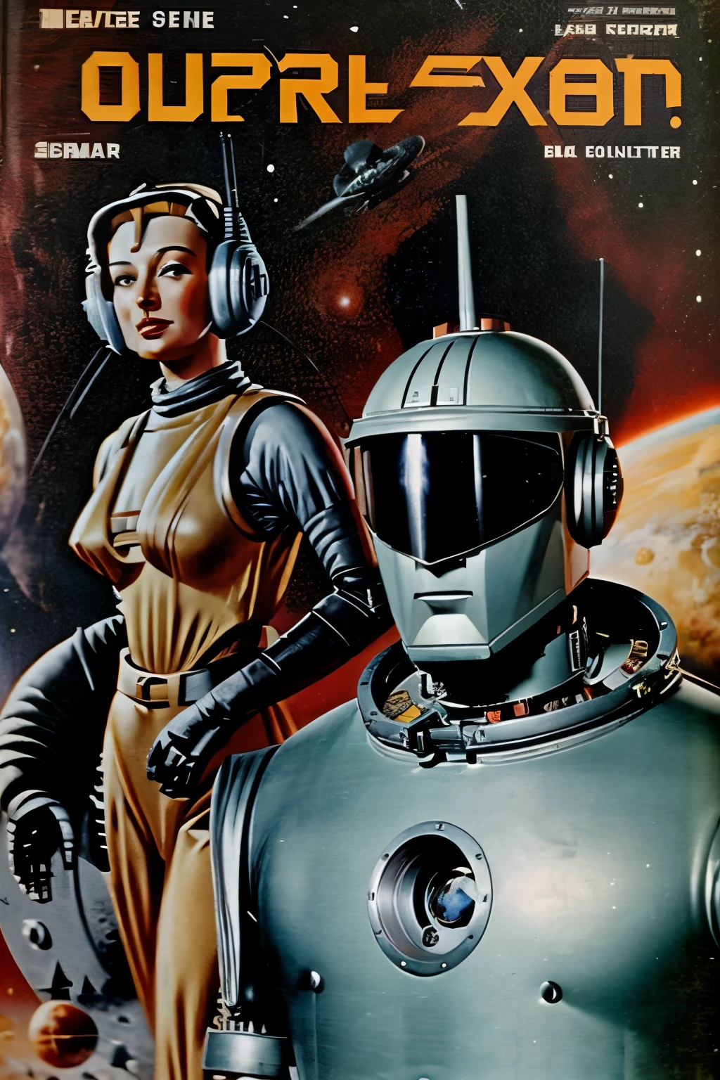 cover of an old space Science Fiction pulp book from the 1940s insert a Robot into the scene