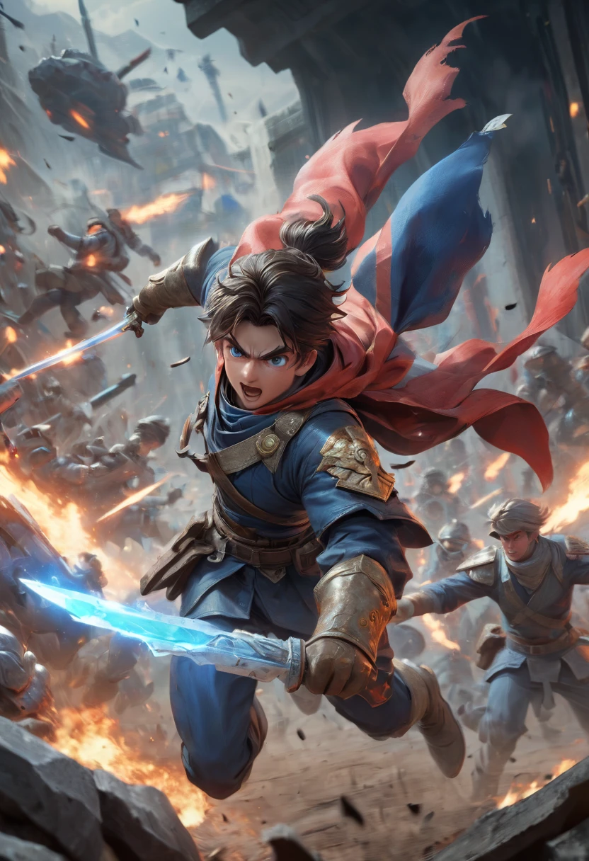 Hero of Another World, Weapon, fighting, battlefield, Motion Blur, best composition, (best quality, masterpiece, Representative work, official art, Professional, Ultra intricate detailed, 8k)