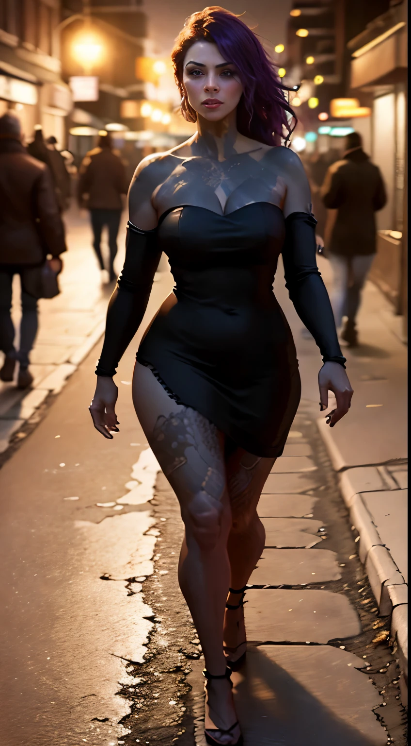 (high quality, realistic),illustration,red and purple color tone,dark and moody lighting,sexy,athletic,body with tattoos,women,black dress,strapless,curvy,walking on the street at night