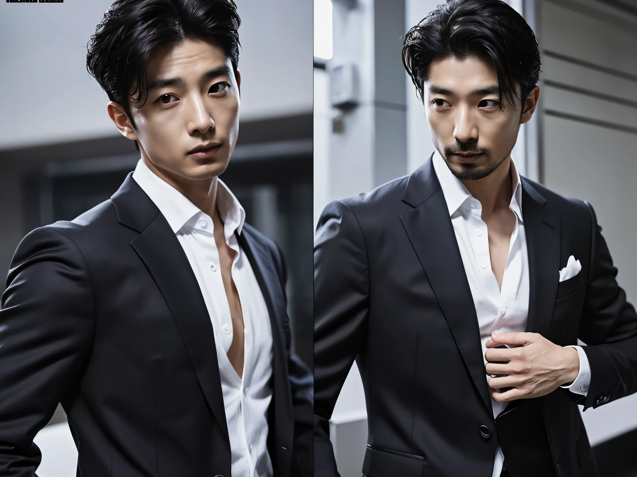Korean man in tailored suit, charismatic gaze, sophisticated aura, Park Seo-joon & Gong Yoo blend, sharp features, well-groomed beard, professional attire, confident posture, high fashion, detailed facial expression, 4k, ultra-detailed, realistic, professional, charismatic style, cool tones, atmospheric lighting, sleek design, impeccable grooming