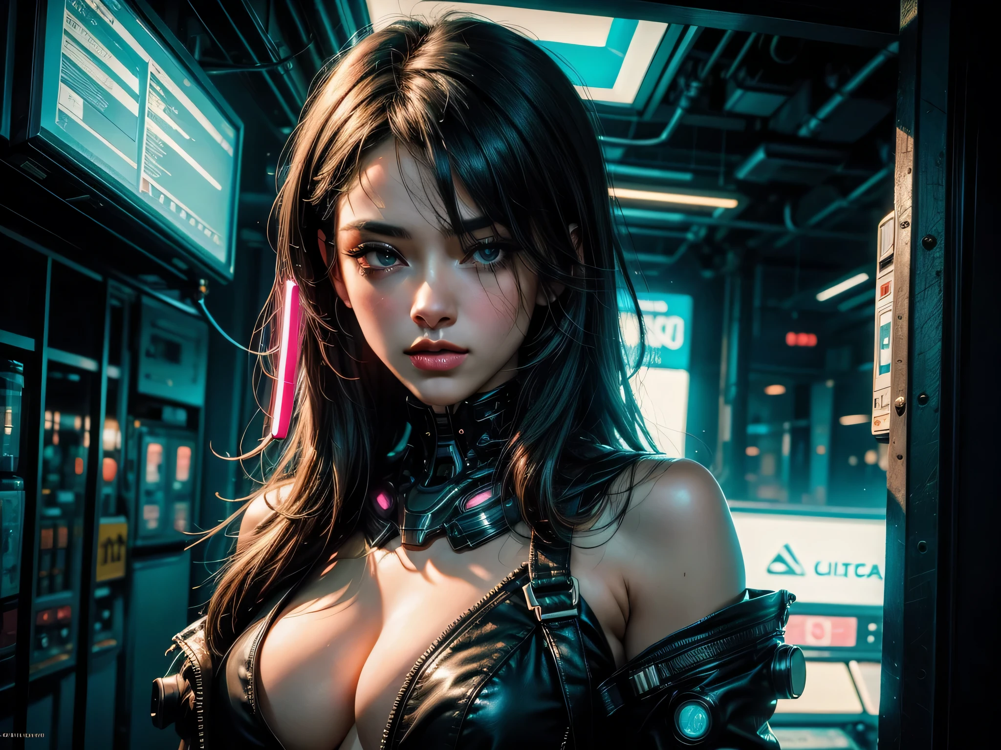 obra de arte, melhor qualidade,  cyberpunk nua:

An extremely aesthetic representation of a cyberpunk girl at her most raw and vulnerable. in high resolution, imagens intrincadamente detalhadas, she is shown boldly embracing her nudity, his cybernetic enhancements glowing menacingly against the backdrop of a dazzling, paisagem urbana iluminada por neon.

Sua elegante, penteado moderno, completo com detalhes vibrantes em neon, enquadra seu rosto - um ultra-detalhado, beautifully textured screen that seems to radiate a mix of emotions, from trust to vulnerability. your penetrating gaze is captivating, seus olhos alinhados com intr