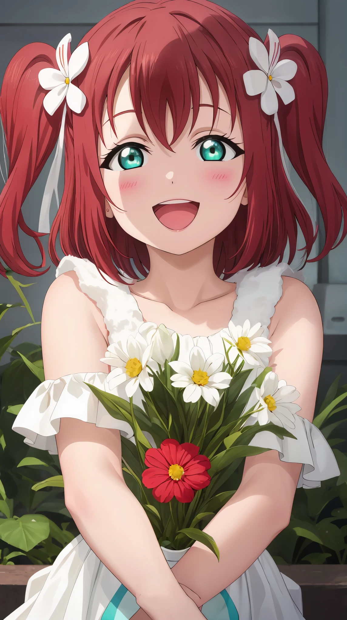 best quality, masterpiece, highres, solo, {kurosawa_ruby_lovelivesunshine:1.15}, red_hair, bangs, blush, two_side_up, smile, aqua_eyes, green_eyes, open_mouth, short_hair, hair_ornament, 1girl, flower, hair_flower, looking_at_viewer, :d, upper_body, holding