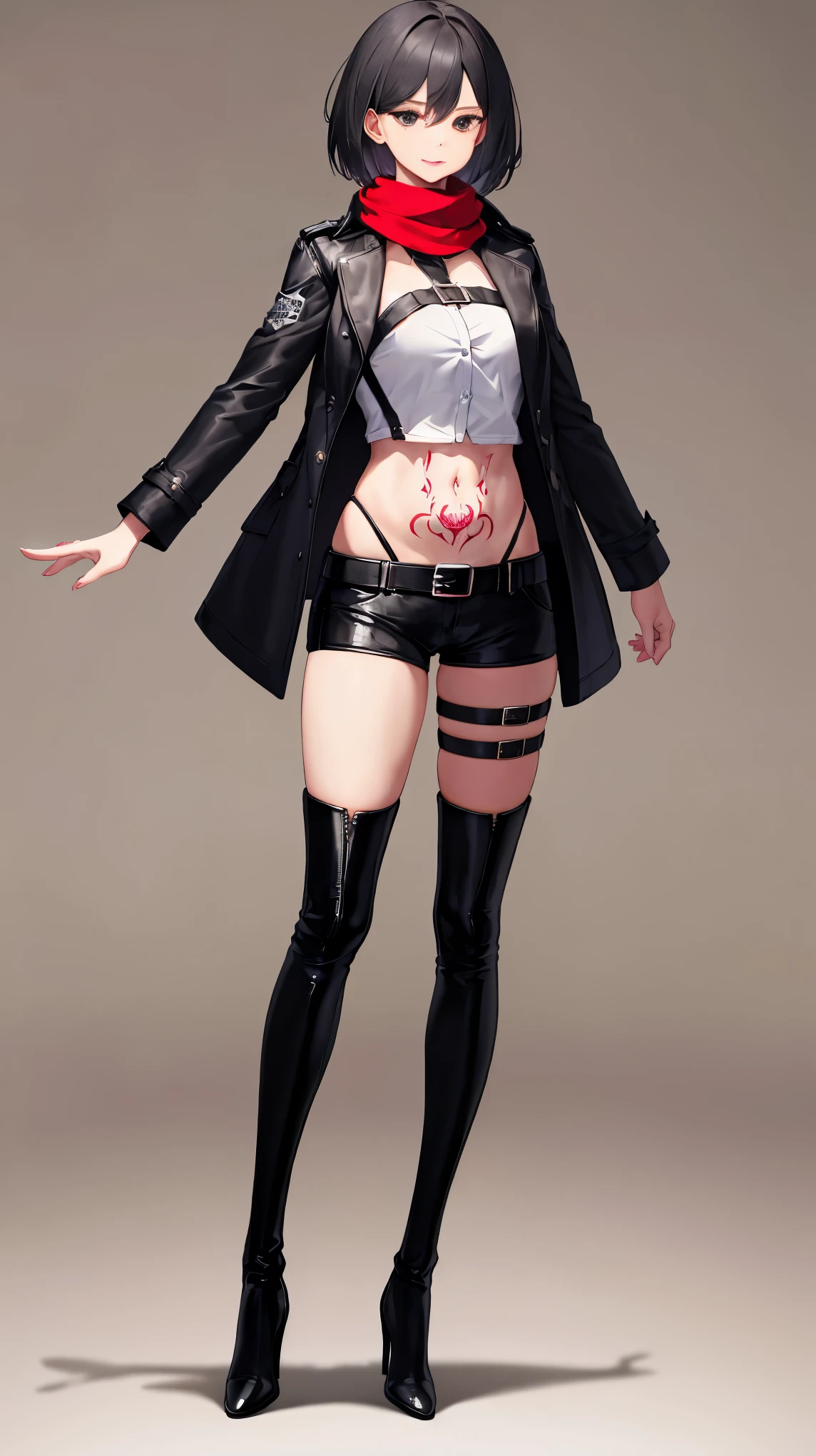 masterpiece, highest quality, High resolution, Hmm、heaping amount, short hair, black eye, scarf, belt, thigh strap, red scarf, , Are standing, cowboy shot,(Full body Esbian)flesh-colored,Muchimuchi、legs too long、modeled、9 life-size models、stand up、stand upright and don't move、(((Black Thigh Boots)){{solo,boyish 1 girl}} standing,,{18-year-old},black trench coat and leather boots} tattoo, high heels, but, belly button, black micro mini shorts、tattoo、emphasize the face、white shirt、(((high heels, )))