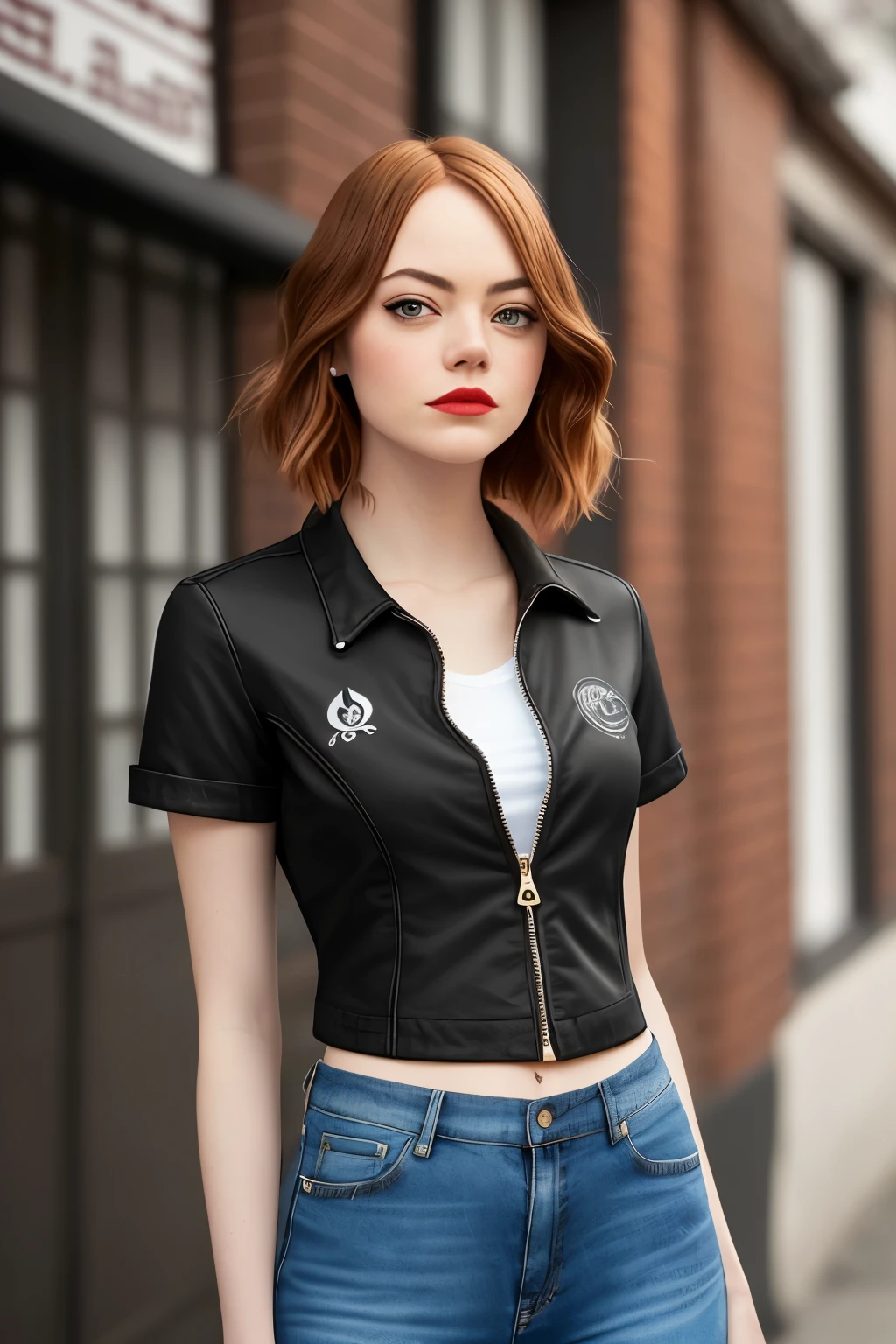 Emma Stone, Textura de pele realista, (jaqueta de couro preta, bota preta, camiseta branca, Jeans rasgado), sharp focus, 8K high definition, incrivelmente detalhado, intricado, arte de Stanley Lau e Artgerm, bar configuration, extremely detailed hazel eyes, longos cabelos ruivos dourados com franja lateral, Red lips, sombra marrom, preto delineado, that's why he rhymed, Gordinho, curved, Gordo, piercing de orelha