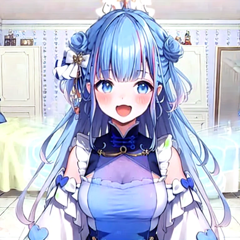 Anime girl with blue hair and blue dress in a room - SeaArt AI