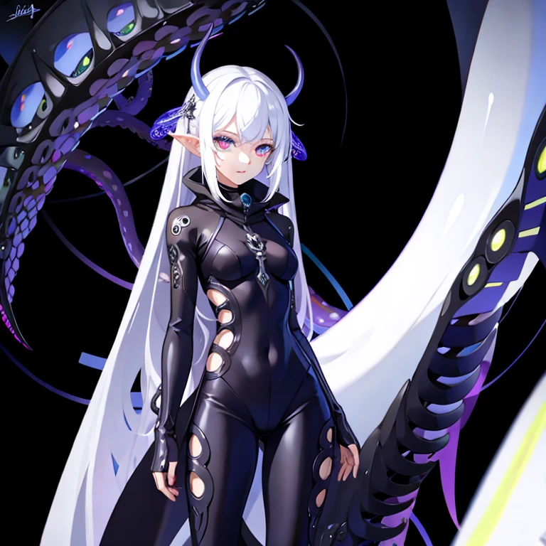 (masterpiece, best quality:1.2), 1girl, solo, tentacles, white hair, rigging, glowing eyes