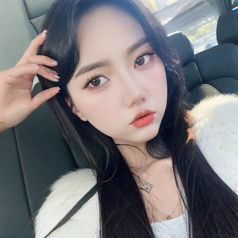 Girl, long straight brown hair, brown eyes, sharp features, white skin, shiny pink lips, perfect, sweater