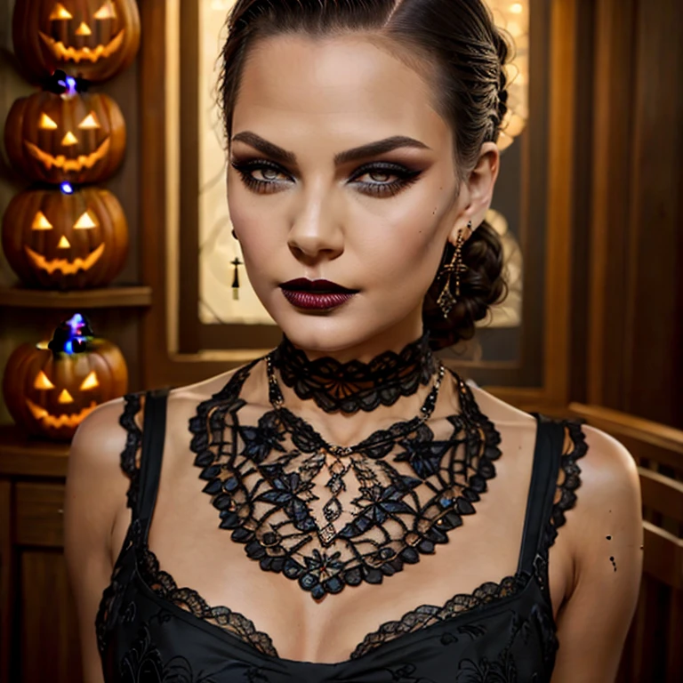 Very very very sexy girl, ((1girl)), solo, brunette hair, ((hair slicked back)), ((wearing a Halloween Black Lace Bib Necklace)), right shoulder reveling, face shot, Detailed skin, Detailed Face, Detailed Lips, Detailed Eyes, light make up, super detail lighting, seductive eyes, raised eyebrow, long eyelashes, jewelry, earrings, textured skin, looking at viewer, breast, 