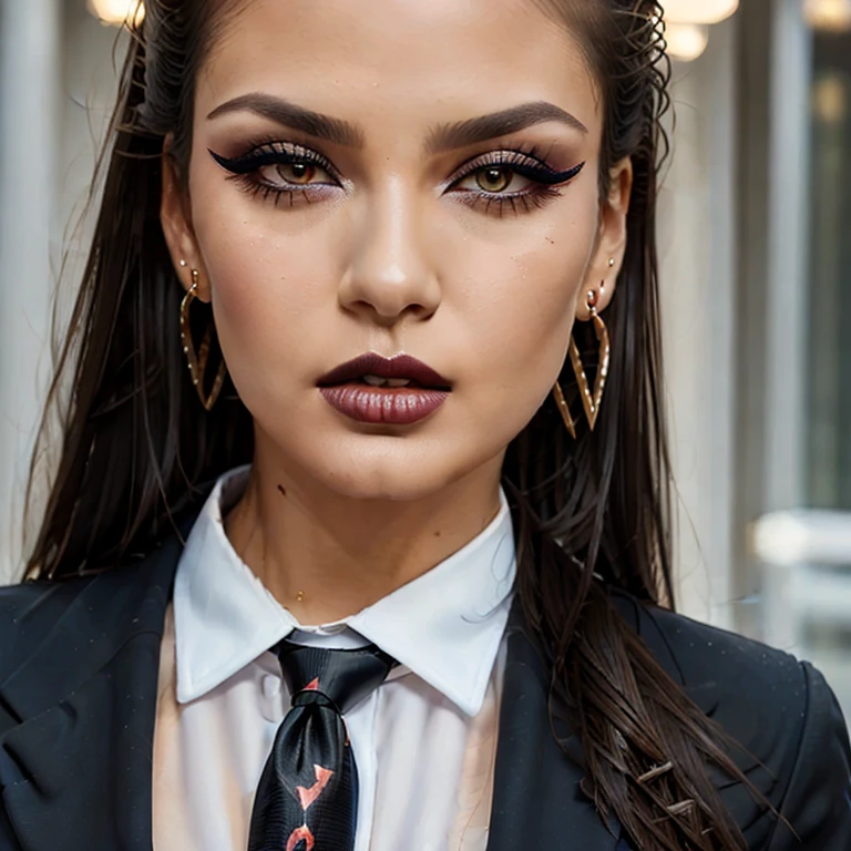 (masterpiece, best q Very sexy girl, Detailed Lips, Detailed Eyes, brown eyes, detailed eyelashes, detailed face, earnings, seduction face, ((make-up)), mid body shot, ((suit)), ((tie)), uality:1.2), 1girl, solo ear rings,