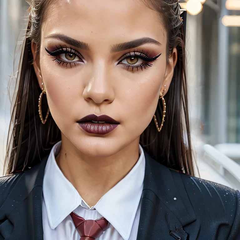(masterpiece, best q Very sexy girl, Detailed Lips, Detailed Eyes, brown eyes, detailed eyelashes, detailed face, earnings, seduction face, ((make-up)), mid body shot, ((suit)), ((tie)), uality:1.2), 1girl, solo ear rings,