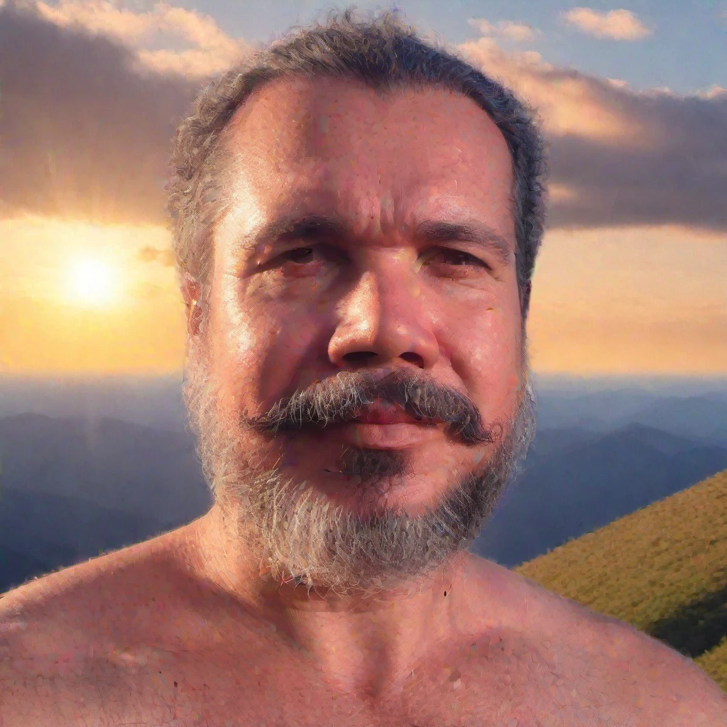 close-up, 50yo man (brown eyes, short hair, beard, wearing a T-shirt), (on top of a mountain, sky, clouds, sun), (masterpiece, best quality:1.2), HDR, photorealistic, 8K, 16K