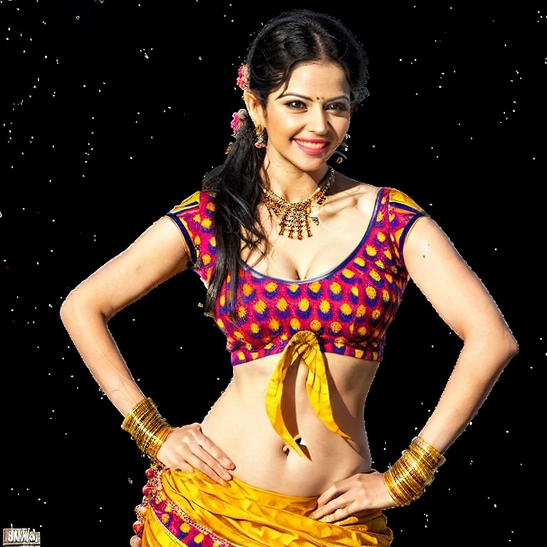 (masterpiece, best quality:1.2), 1girl, solo, DesiBlouse,1girl, bangle, bead bracelet, black background, black hair, bracelet, breasts, brown eyes, cleavage, earrings, grin, hand on hip, jewelry, leopard print, lips, makeup, medium breasts, midriff, navel, necklace, pearl bracelet, smile