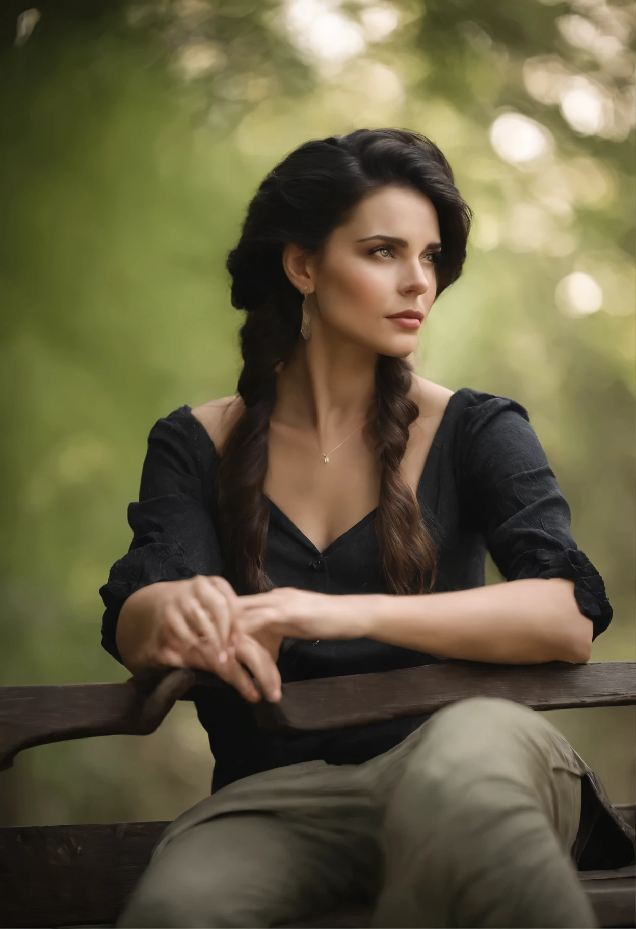 Masterpiece, top quality, Atlas, cat ears, black hair, castle background, green eyes, sitting on a bench.