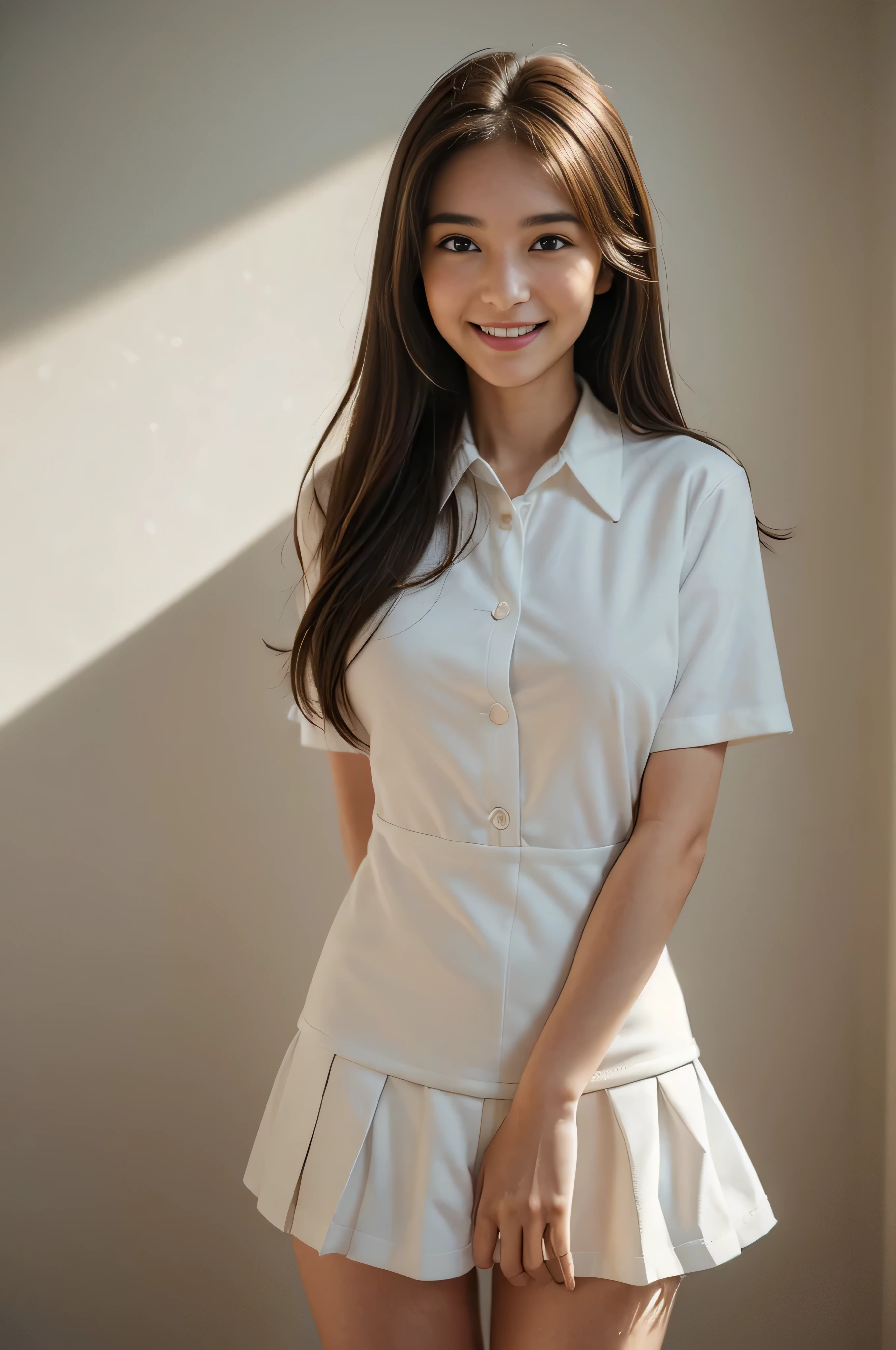 ((beautiful girl:1.3))((uniform:1.4))((panty shot:1.3))((face flushed:1.4))((medium breasts:1.4))((Close-up:1.2)) highest quality、masterpiece、ultra high resolution、(photorealistic:1.4)、Raw photo、(real skin texture:1.3)、(film grain:1.3)、panorama、character portrait、very wide shot、narrow waist、cowboy shot、(in the dark、deep shadow、moderate、in the cold light、)night、(())、flowing tears、dust、Tyndall effect、(expression),1girl,beautiful detailed eyes and face,white jabot,brown eyes,((brown hair:1.2)) (whole body:1.3)) (smile:1.3))、1girl in、Girl in long white dress with sheer skin、in a hotel room、in a slightly dark room、無expressionで、expressionを変えない