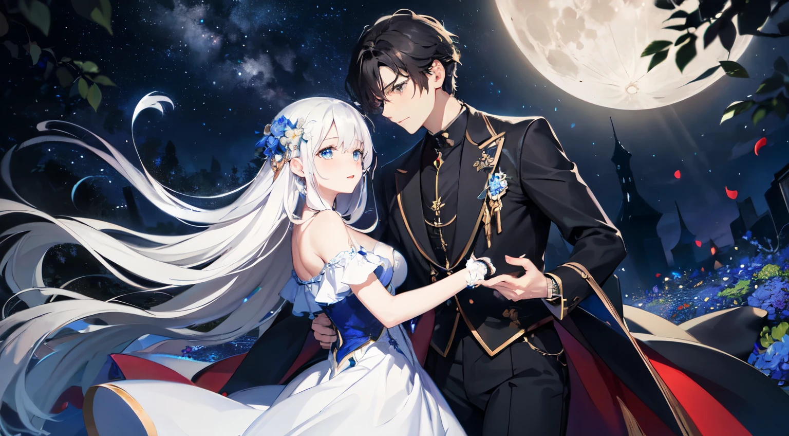 Masterpiece, Couple, 1 lady (she have very long white hair and light blue eyes), she wearing off shoulder blue starry dress. With 1 Man (he have short black hair and have red eyes). Dancing together. Vast sky, starry night, moon, blue flowers garden. Fallen blue petals.