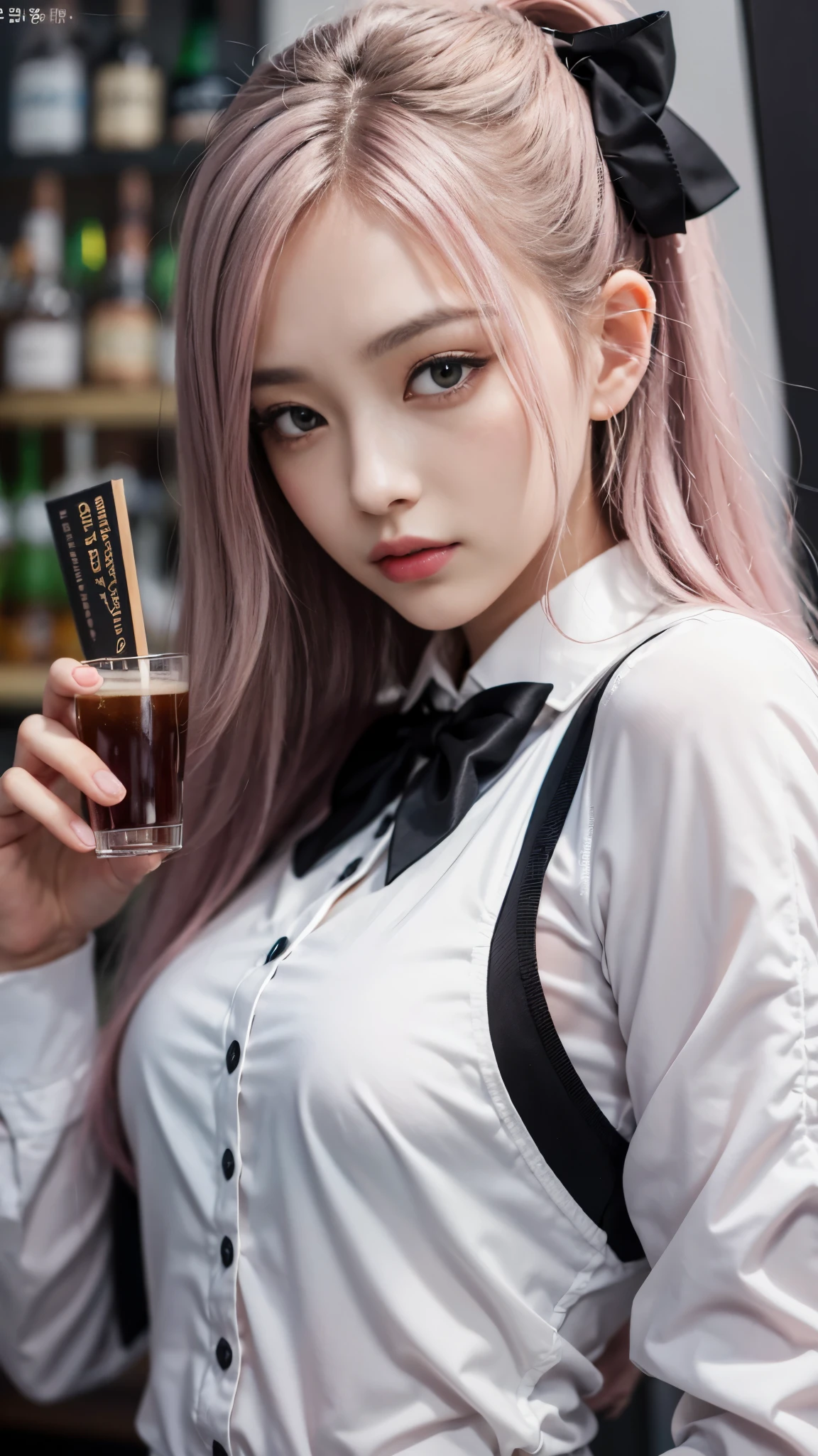 (highest quality、8k、16k、masterpiece、realistic、Super detailed、Beautiful in every detail、ray tracing)、photograph、break (black and white theme:1.4), (bar maid:1.2), (wearing a black trade west over a white long-sleeved collared-shirt with bow tie:1.4), (black bow tie:1.2), (trade west:1.1), (button up:1.3), (Black slack pants with narrow waist:1.3), (put a name tag on the vest:1.2), (dress shoes:1.2), (((In a fashionable bar)))、beautiful asian girl、Looks like a Korean idol、25 year old female model、((whole body))、
(detailed face、golden ratio of beauty)、gentle smile、lip details、fine eyes、((silver hair pink mesh hair color))、medium bob hair、Idol style super cute face、slim and beautiful body、beautiful breasts、Glossy skin