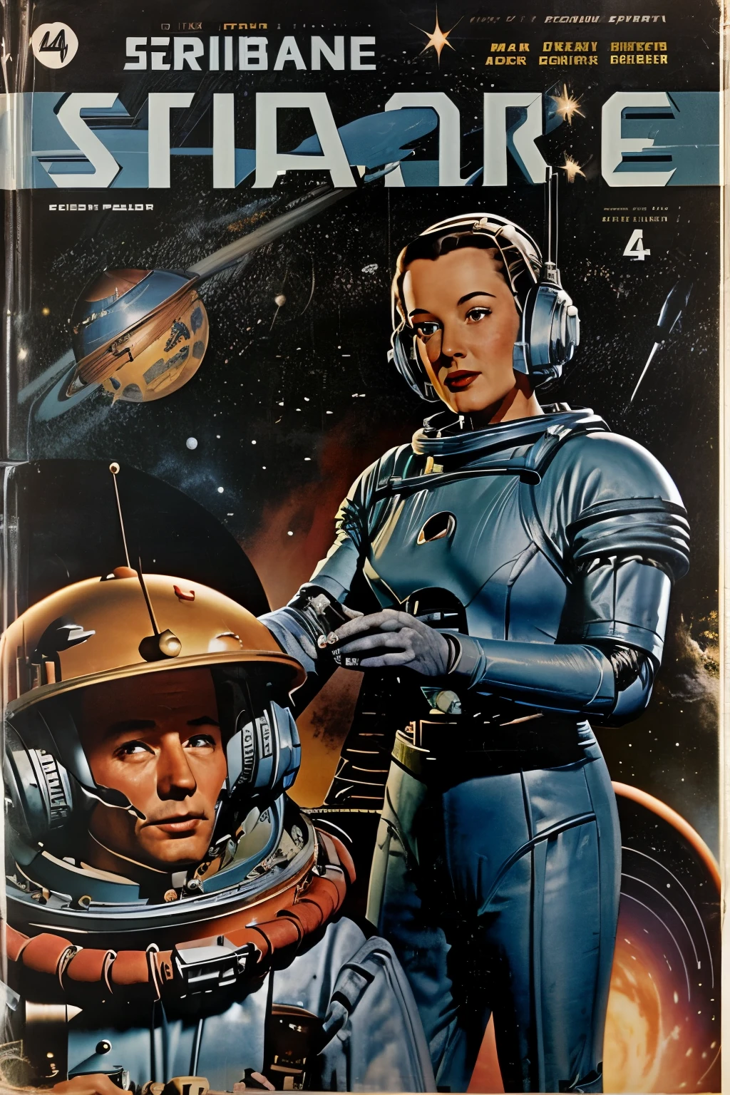 cover of an old science fiction pulp book Space Action and Adventure Space science fiction from the 1940s with robot and flying saucer, imagem perfeita