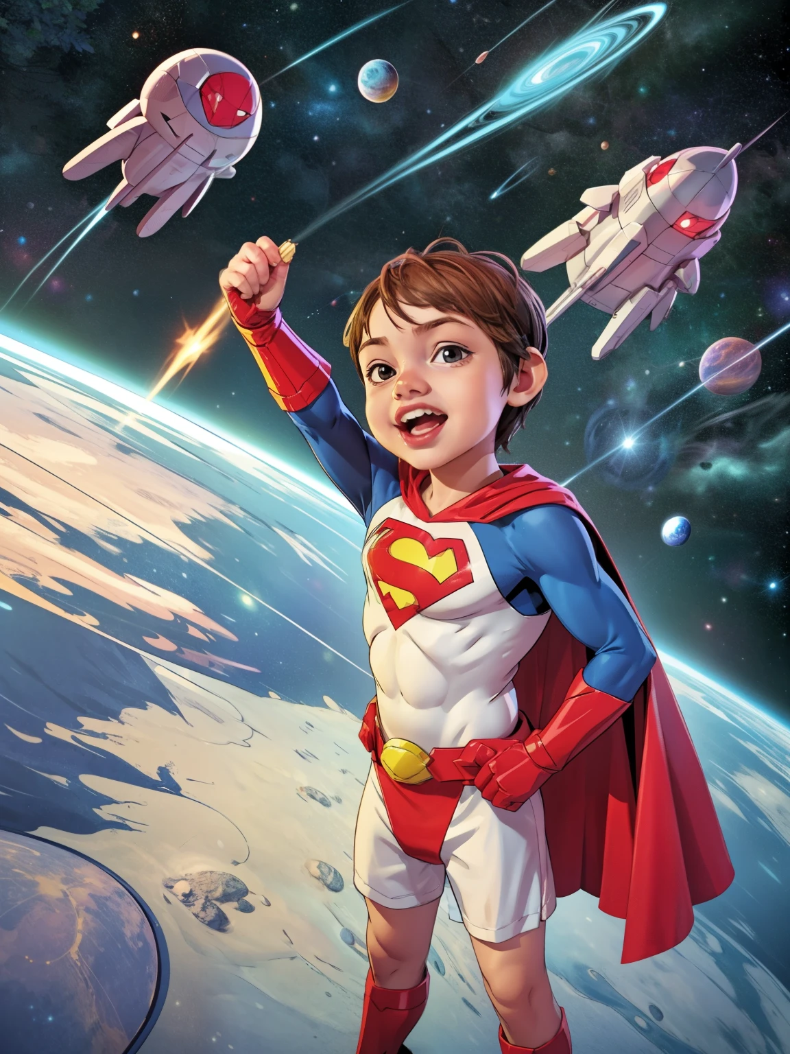 Cinematic Cartoon style. Comic art. TME0224 face, (((a baby boy, ***))) in a funny night (((wearing a superhero costuma with cape))). (((Comic cosmic space background))). cinematic lighting, drop shadow, masterpiece, UHD, anatomically correct, textured skin, super detail, high details, high quality, best quality, 4K