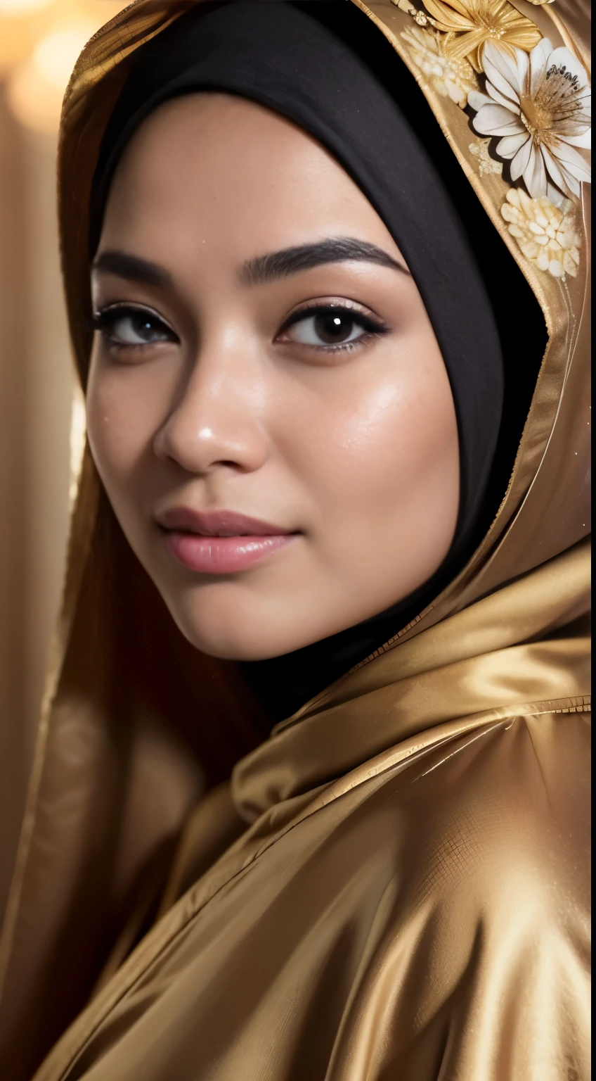 (Raw photo: 1.2), (photorealistic: 1.4), (masterpiece: 1.3), (best quality: 1.4), ultra high resolution, (detailed eyes), (detailed facial features), (detailed clothing features), HDR, 8k resolution, firm skin, (((very detailed skin, visible pores))), dreamlike, (ulzzang-6500-v1.1:0.5),pureerosface_v1:0.2, face close-up, 1 malay girl in hijap, 30 years old, big breasts, ((wearing a tight flowing Malay satin robe in pastel brown with a large flower pattern with a closed hijab)), (full body) , smile, wide hips, rounded, back view, beautiful buttocks protruding, beautiful buttocks, smiling at the audience, excellent lighting,