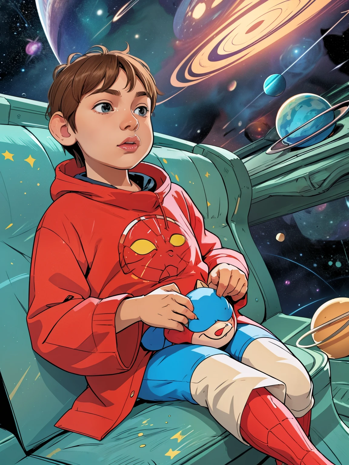 Cinematic Cartoon style. Comic art. TME0224 face, (((a baby boy, ***))) in a funny night (((wearing super hero costume))). (((Comic cosmic space background))). cinematic lighting, drop shadow, masterpiece, UHD, anatomically correct, textured skin, super detail, high details, high quality, best quality, 4K