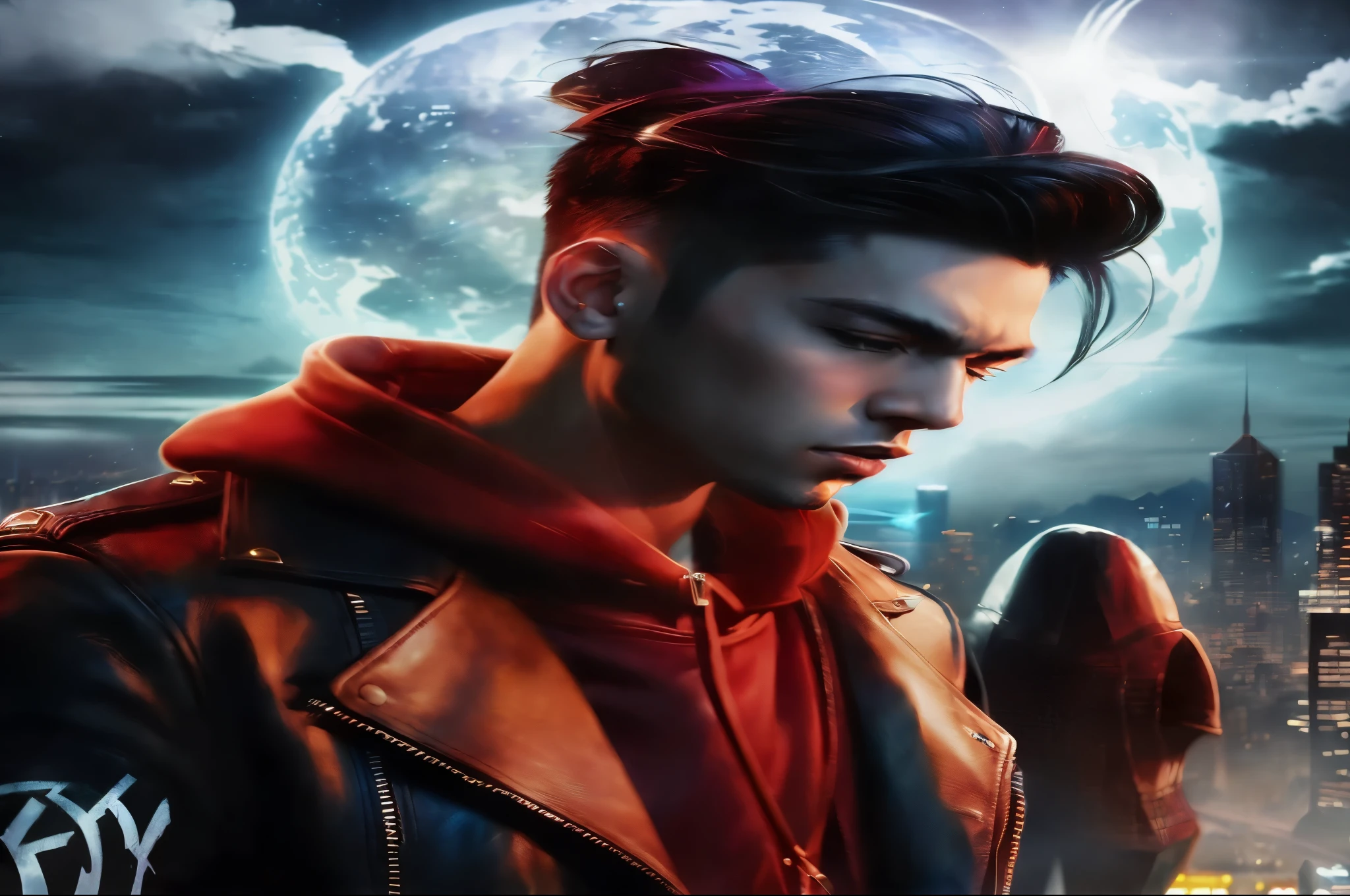 there is a man in a leather jacket standing in front of a city, ross tran style, stylized urban fantasy artwork, in the style of ross tran, inspired by Ross Tran, ross tran 8 k, neoartcore and charlie bowater, an edgy teen assassin, official illustration, inspired by Kristian Kreković, official fanart