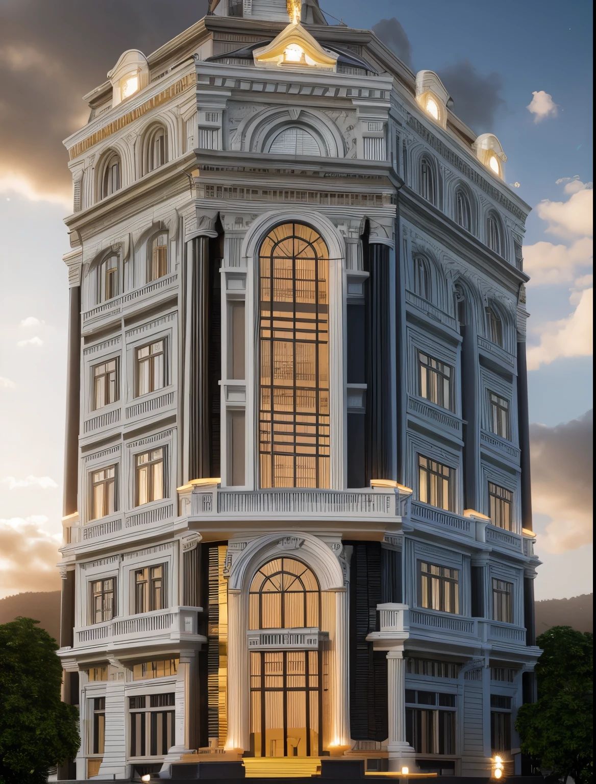 RAW photo multistory building, neo - classical style, realistic building (super detailed), high quality architectural art, ) ,85mm, f1.8, portrait, photo realistic, hyper realistic, super detailed, intricate, dramatic, sunset lighting, shadows, high dynamic range, vietnam, masterpiece, ultra realistic, 32k, extremely detailed CG unity 8k wallpaper, best quality