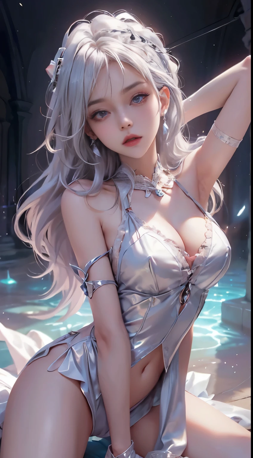 realisticlying, A high resolution, 1 Women, Alone, hip-up,(Lolita costume)， pretty eyes, White hair, eye socket, collared shir, very small necktie,. 🖤,(((fullnude))),(Spread legs:1.4),sexy,(((arms wide open))), look at viewer, (((Do not hide the lower body))),Wide open crotch:1.3, ((high detailed vagina))