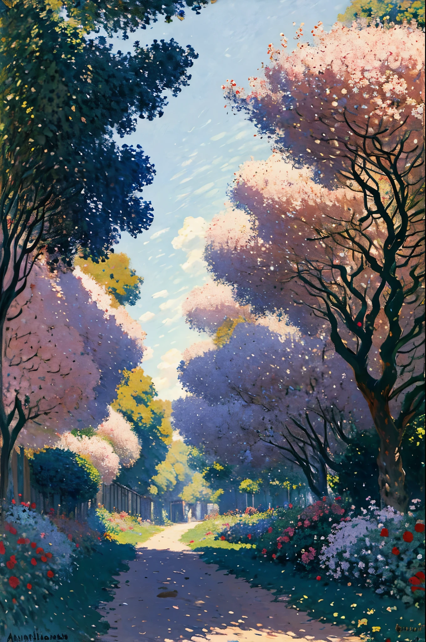 A path in ANGELICAL with a lot of trees Beautiful branch with foliage of a paulownia tree next to the path painted in oil with its pink leaves, amarilolo, blanco, azul y cafe en primer plano, al estilo de Claude Monet, arte oficial, Impresionismo