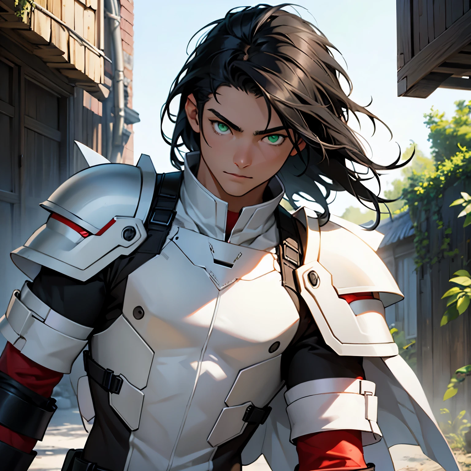 Black hair, green eyes, male teen, fururistic red and whit body armor, guardian