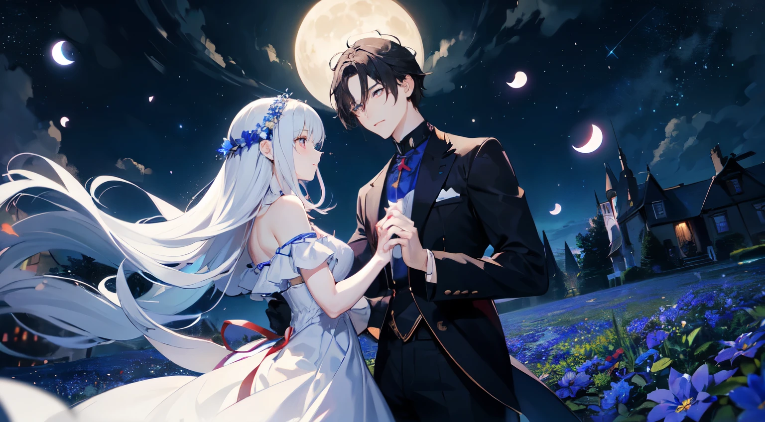 Masterpiece, Couple, 1 lady (she have very long white hair and light blue eyes), she wearing off shoulder starry sky dress. With 1 Man (he have short black hair and have red eyes). Dancing together. Vast sky, starry night, moon, blue flowers garden. Fallen blue petals.