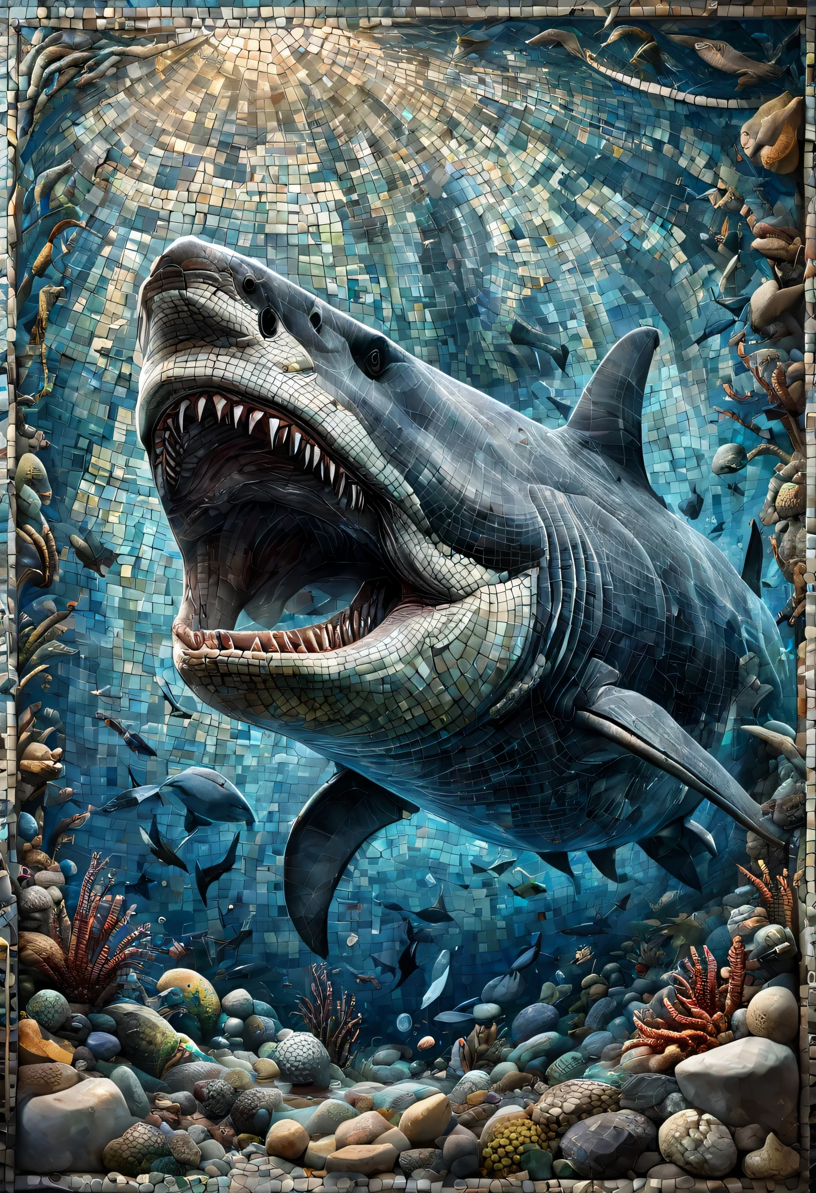 (Detailed Mosaic art style Megalodon), vibrant colors, ocean environment, soft lighting, calm mood, close-up composition, Artistic Ocean Life, Colorful Tile Design, UHD, masterpiece, accurate, (anatomically correct), textured skin, super detail, high details, high quality, award winning, best quality, highres, 16k, 8k,