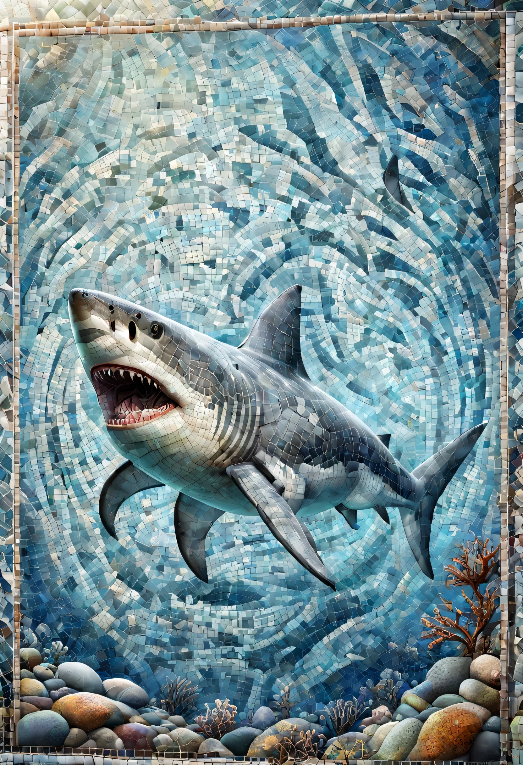 (Detailed Mosaic art style White shark), vibrant colors, ocean environment, soft lighting, calm mood, close-up composition, Artistic Ocean Life, Colorful Tile Design, UHD, masterpiece, accurate, anatomically correct, textured skin, super detail, high details, high quality, award winning, best quality, highres, 16k, 8k,