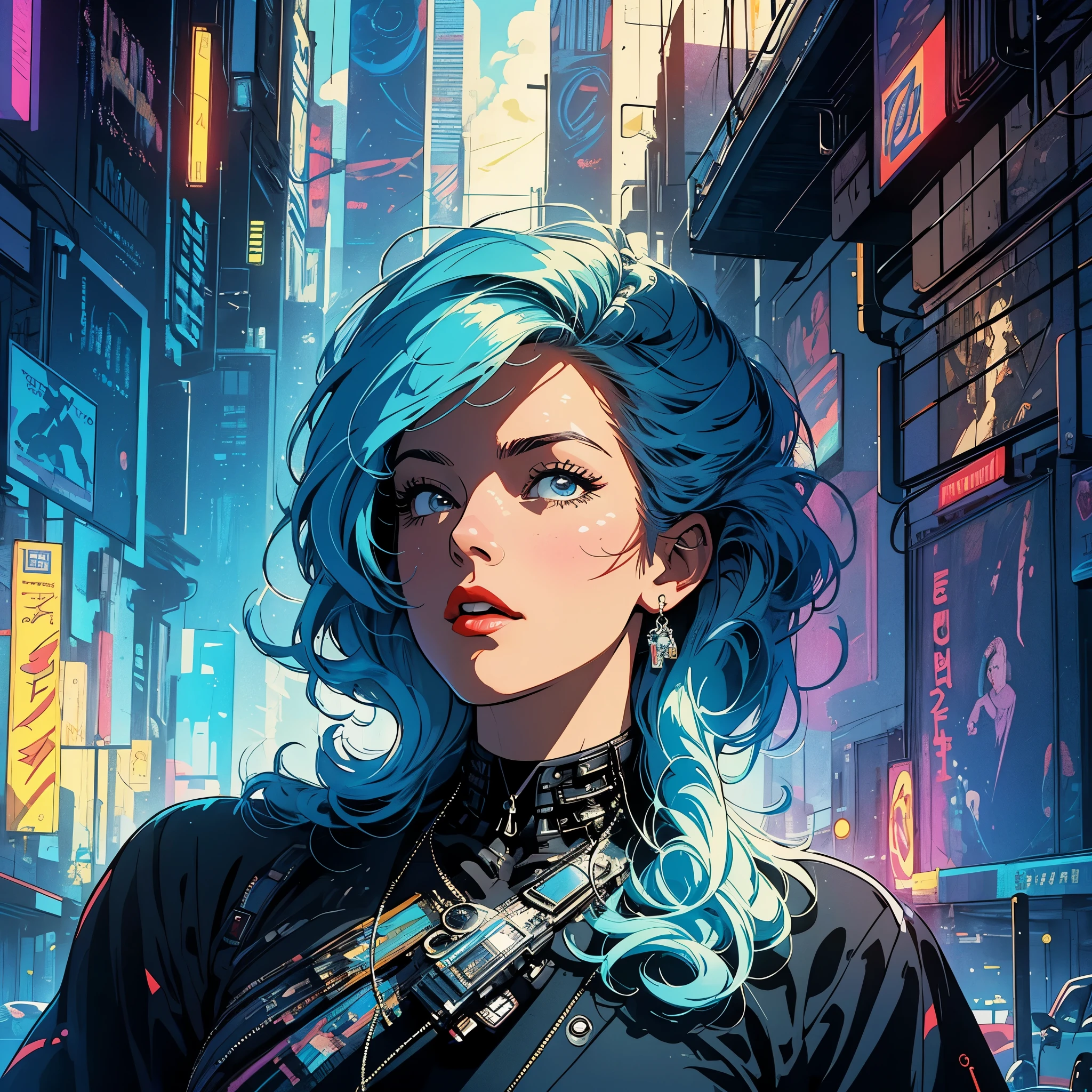 (masterpiece, highest quality), 32k,(A very detailed beautiful woman), poster,science fiction,1960s,1970s,bauhaus, shape, OK, abstract, propaganda,movie poster, vintage,retro,futuristic,anime,ultimate map,Perfect rainbow,highlight,angle from below,highly detailed face,,cyberpunk,