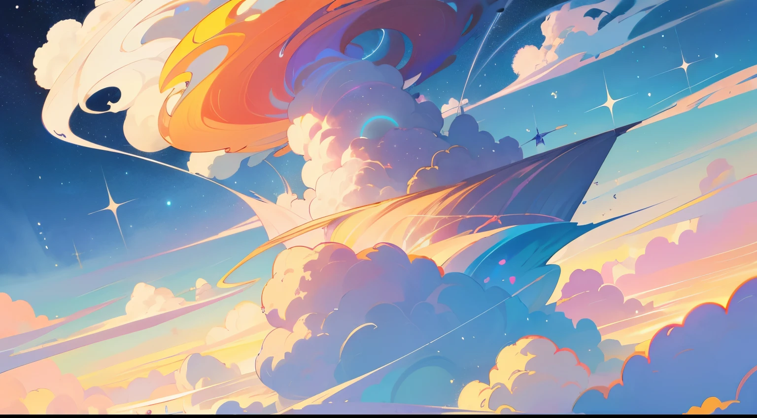 (Best quality at best),(obra-prima),(ultra-detalhado),(the detail),(The is very detailed),O sujeito: anime sky dream: Digital illustration or traditional painting. resolver: 4000x2000 pixels. paleta de cores: O macio pastel colors with a mix of vibrant hues. sentimento: magical, ethereal, e tranquilidade. obras de arte: Vast skies and floating islands, nuvens caprichosas, and dream elements. lamparina: O macio, Diffused lighting with warm colors, raios dourados. estilizado: inspirado em animes,Com um toque de fantasia e surrealismo. o detalhe: Incluir elementos como fotografar as estrelas, Nebulosas coloridas, Nuvens fofas, e criaturas misteriosas. inspiration: Mundo de fantasia de anime, studio ghibli film, arte surreal, and celestial phenomena. Camera Settings: There is none (Because it is a digital illustration). Notas complementares: Emphasize the vastness and beauty of the sky by creating a sense of depth and space. Experiment with various cloud formations and shapes, From fluffy cumulus clouds to thin cirrus clouds. Incorpore elementos celestes como a lua, As estrelas, and galaxies enhance the dreamy atmosphere. Use soft brush strokes and blending techniques to create a seamless and ethereal look. Play with the lamparina effect, como luz solar suave ou uma esfera brilhante, 添加magical的触感. Considere adicionar criaturas extravagantes,like a flying dragon or a floating jellyfish,Bring a sense of wonder to the scene. Don't be afraid,Let your imagination fly,Create a dream world that captures the essence of anime fantasy. just the sky without even a human figure